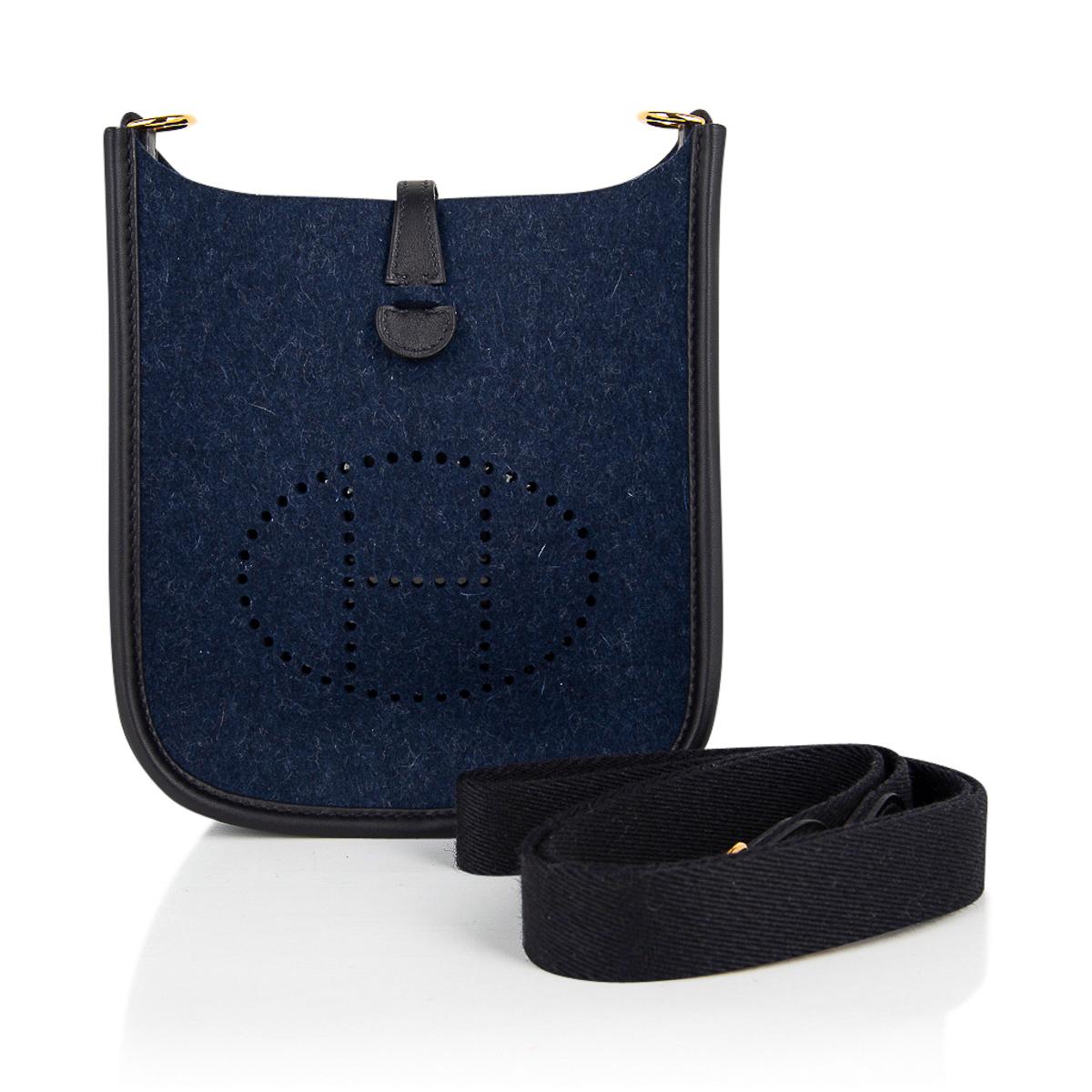 Hermes Evelyne TPM Blue Feutre Black Swift Gold Hardware For Sale 4