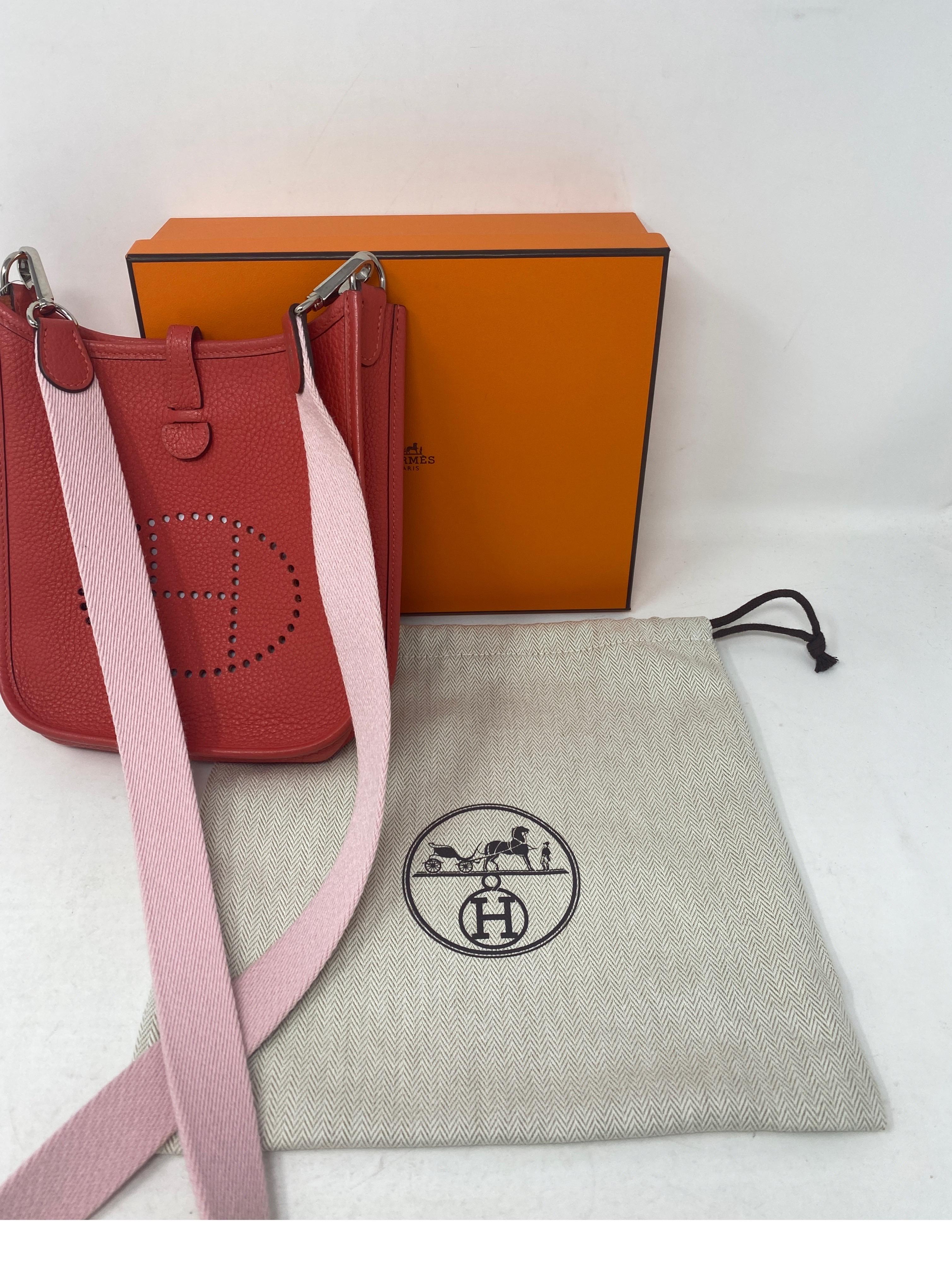 Hermes Evelyne TPM Rose Pivoine Bag. Mini version of the classic Evelyne bags. Rare and hard to find. Mint condition. Beautiful rose pivoine pink color bag with pale pink strap. Includes dust cover and box. Guaranteed authentic. 