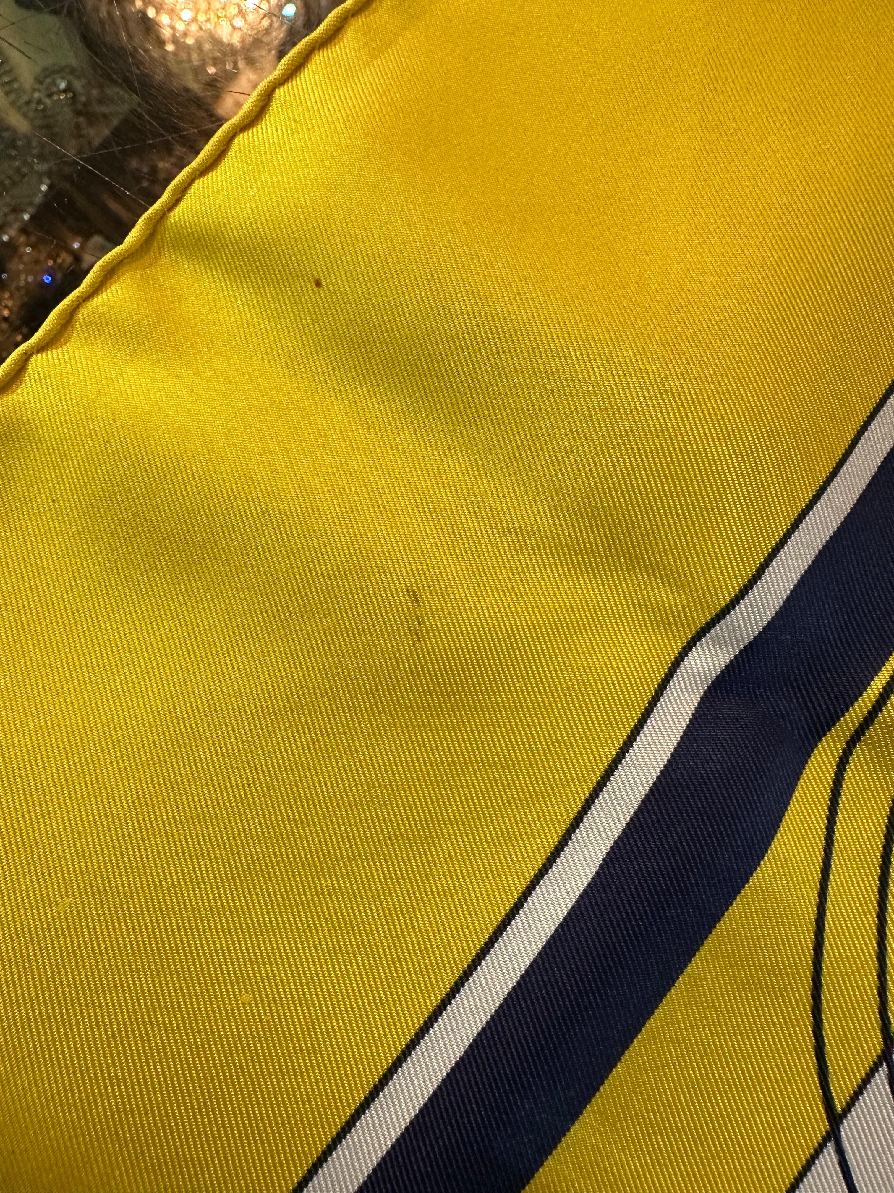 Hermes 'Ex Libre' Yellow & Blue Carriage Silk Scarf In Excellent Condition For Sale In Los Angeles, CA