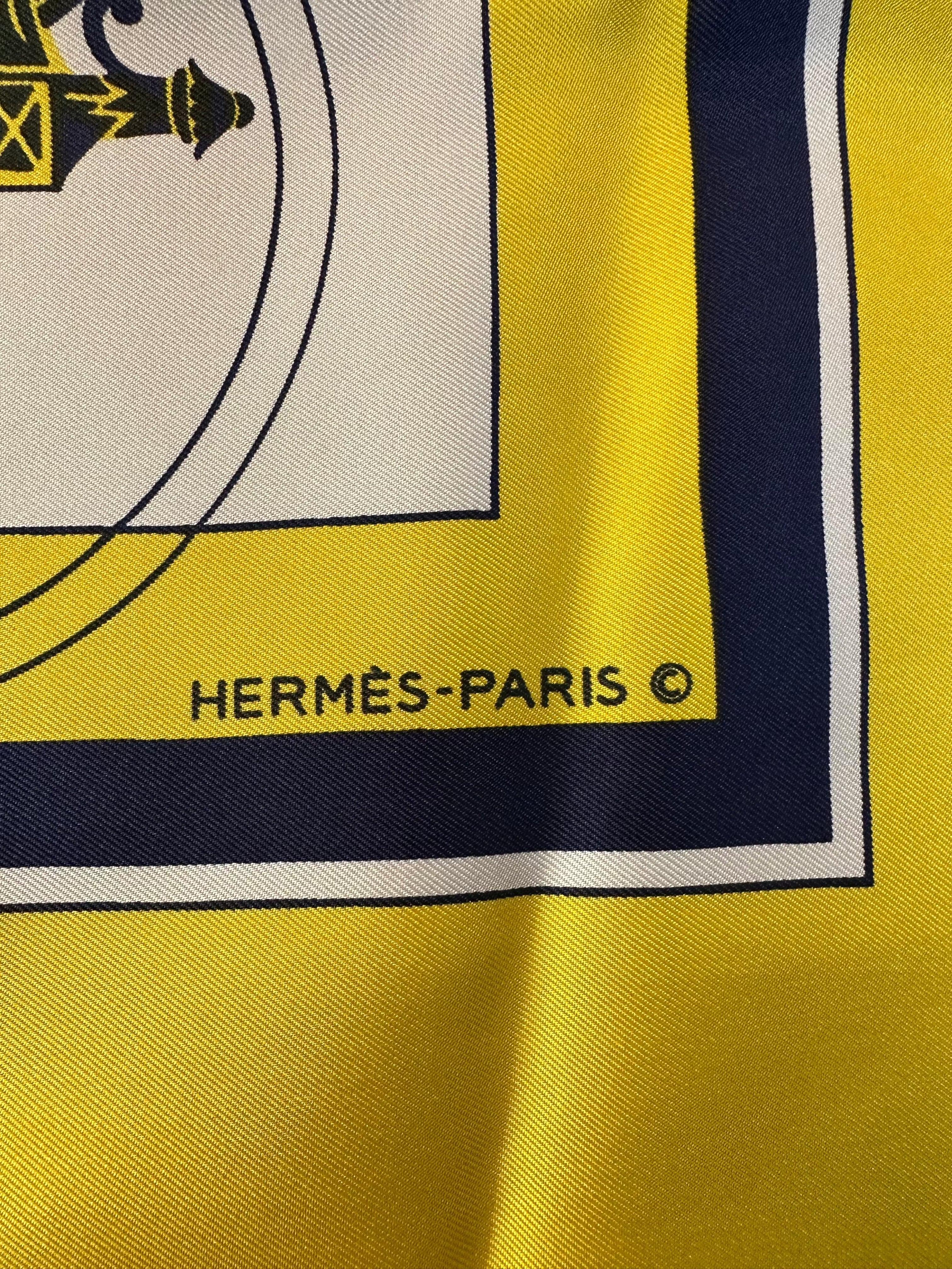 Women's Hermes 'Ex Libre' Yellow & Blue Carriage Silk Scarf For Sale