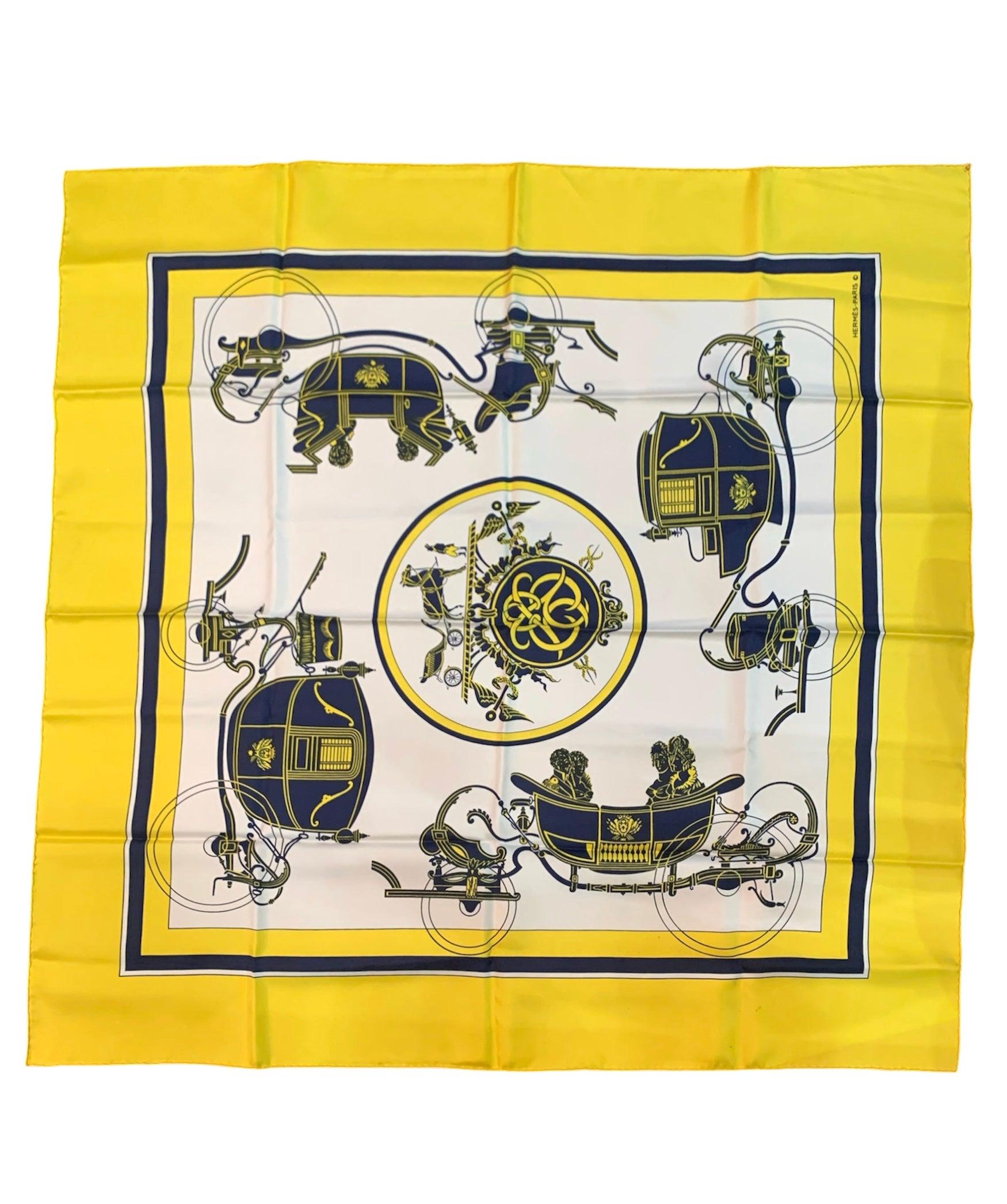 Hermes 'Ex Libre' Yellow & Blue Carriage Silk Scarf For Sale