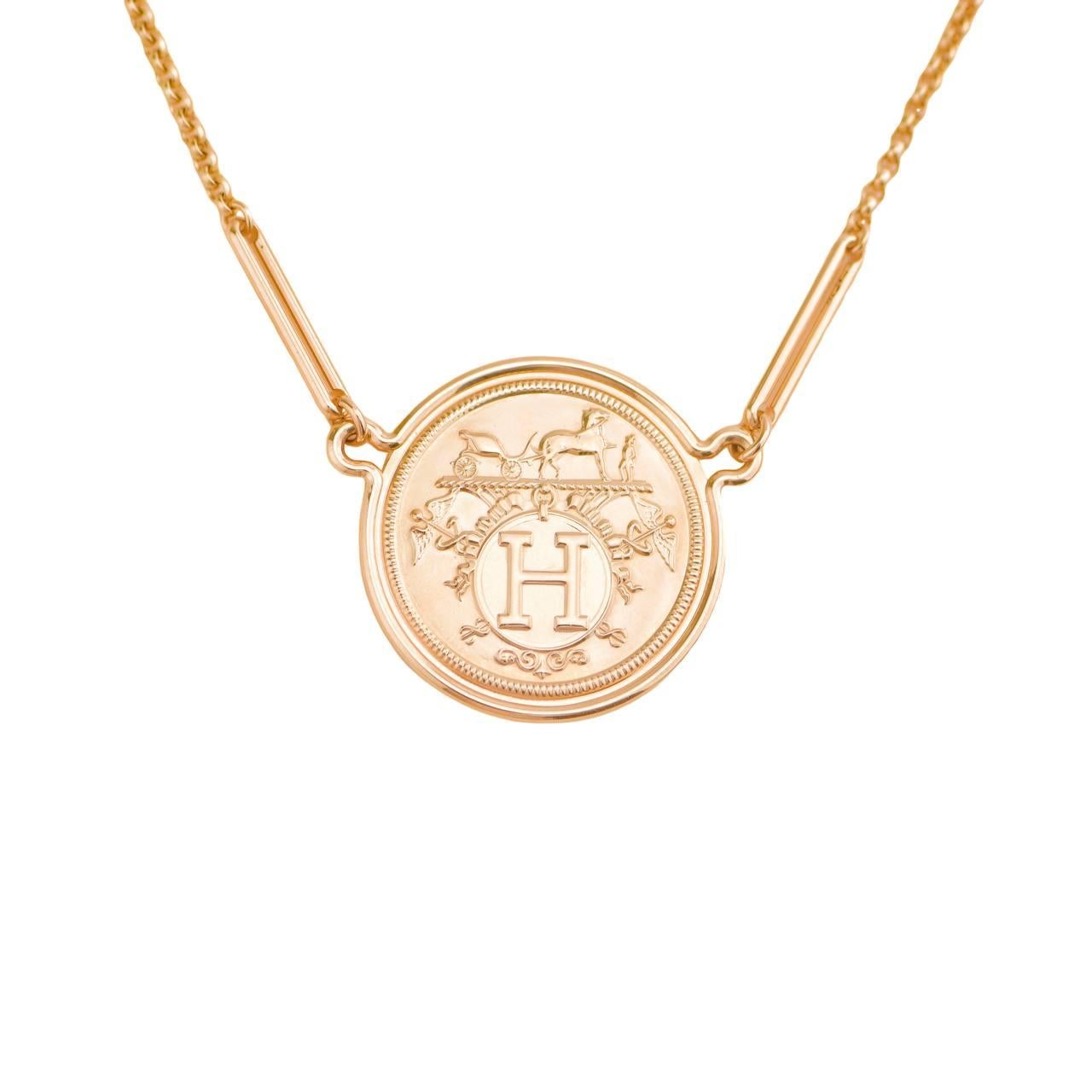 Hermès Ex-Libris 18K Rose Gold Coin Pendant Necklace Very Large Model For Sale