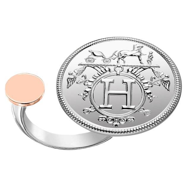 Hermès Ex Libris Ring MM in 925 Silver and Rose Gold Size 57 For Sale