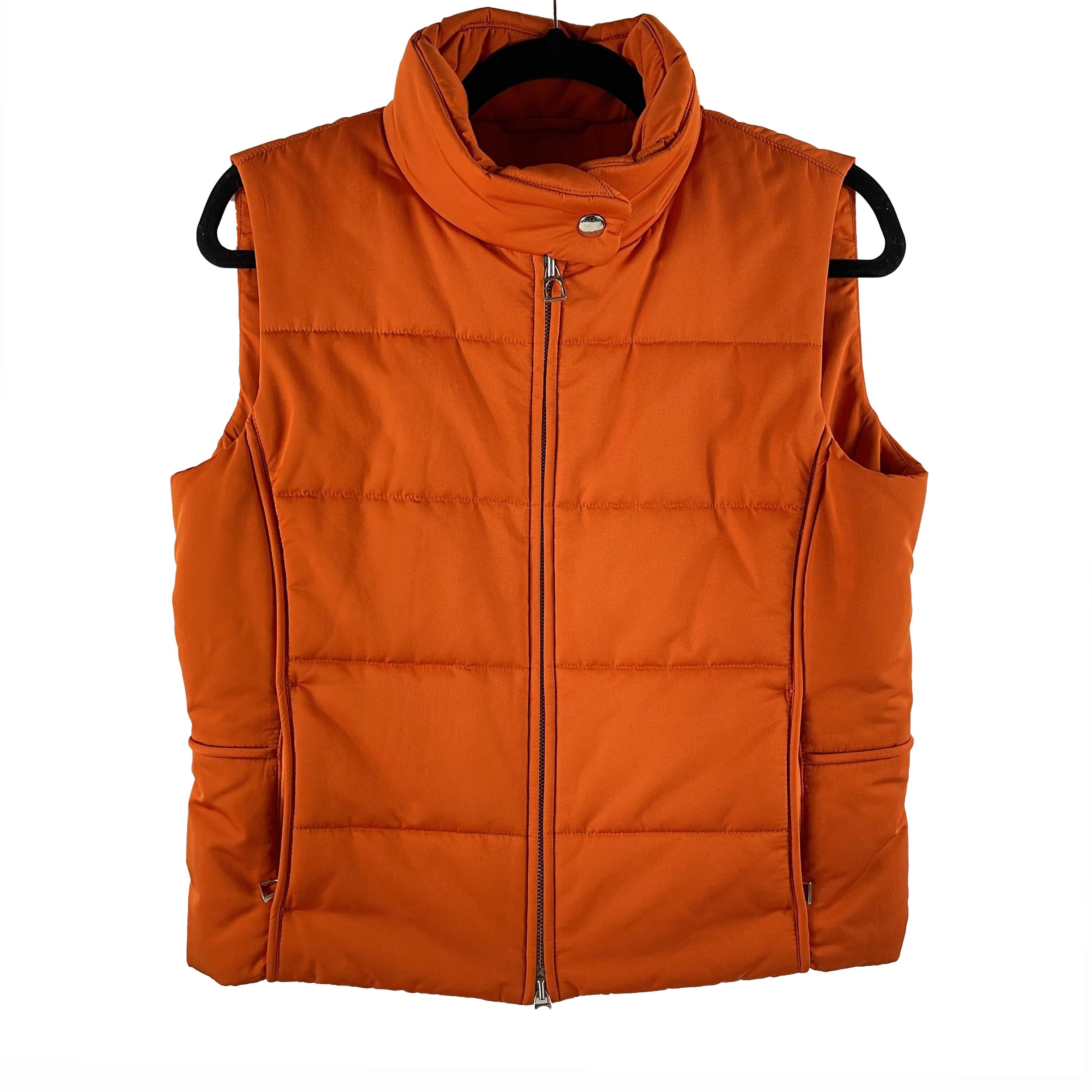 Hermes Excellent Zip Puffer Vest Jacket Orange Quilted Palladium Hardware In Excellent Condition In Sanford, FL