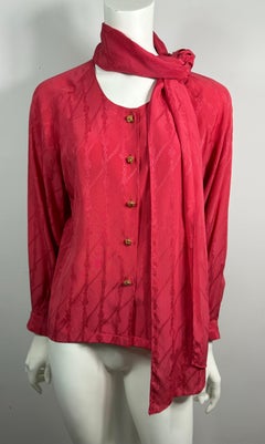 Hermes Exclusif 1970's Red Silk Damask Blouse with attached scarf-Size 36