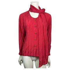 Hermes Exclusif 1970's Red Silk Damask Blouse with attached scarf-Size 36