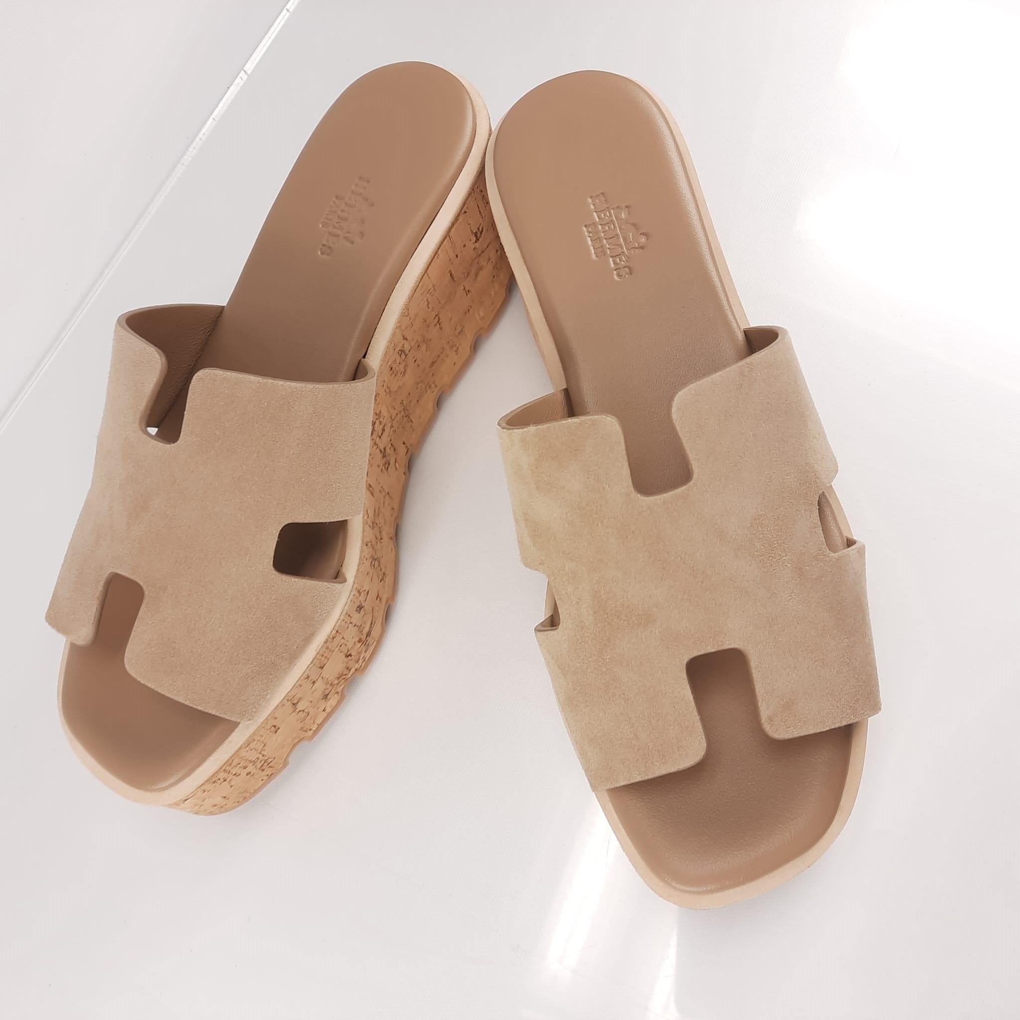 Hermes Eze 30 sandals Clay Beige Goat suede Size 38 EU 3