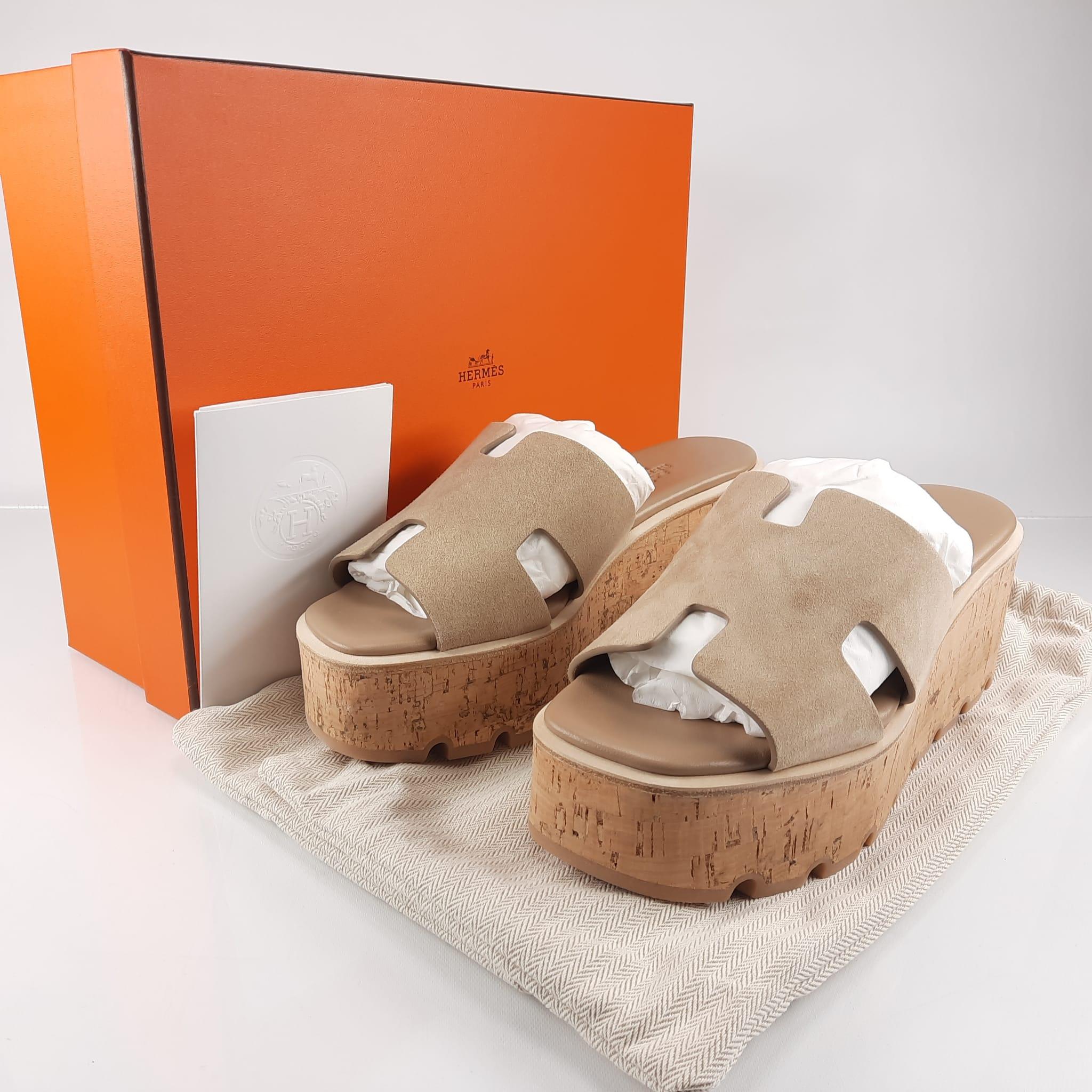 Hermes Eze 30 sandals Clay Beige Goat suede Size 38 EU 5