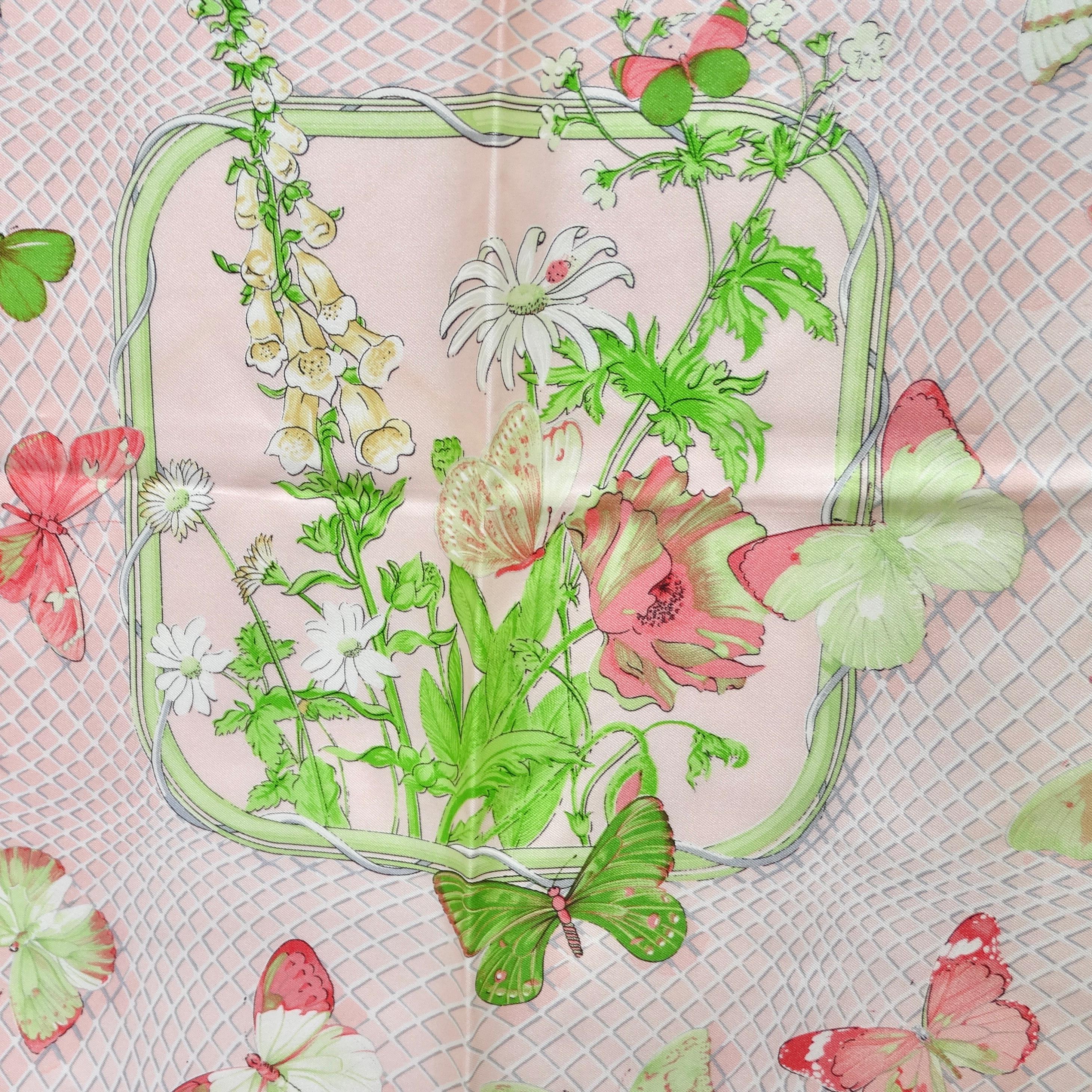 Elevate your ensemble with the timeless elegance of the Hermes Farandole Silk Scarf. Crafted from luxurious silk, this signature Hermes scarf showcases the iconic 'Farandole' print, featuring exquisite light pink and green butterflies and flowers