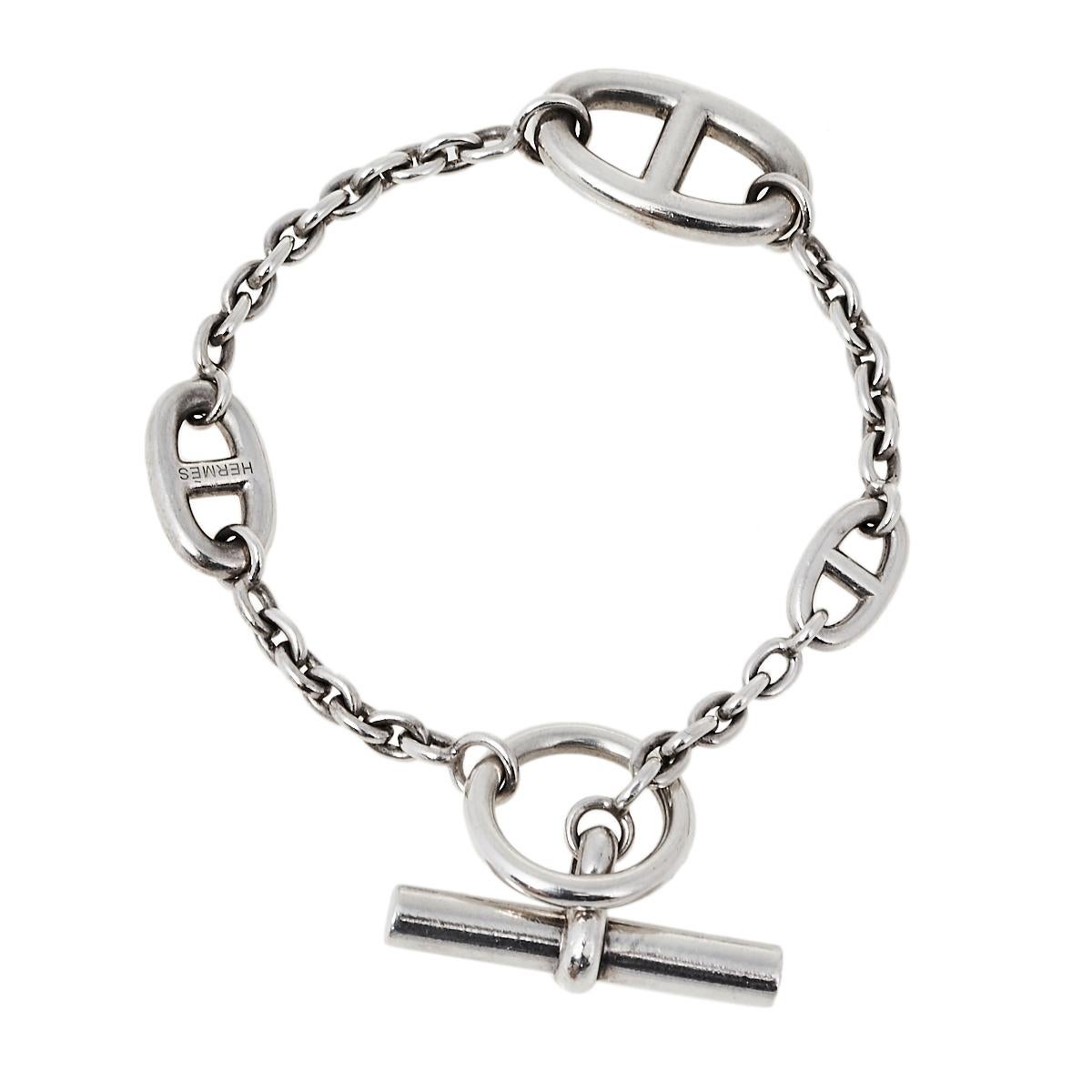 Hermès Farandole Sterling Silver Chain Link Toggle Bracelet LG