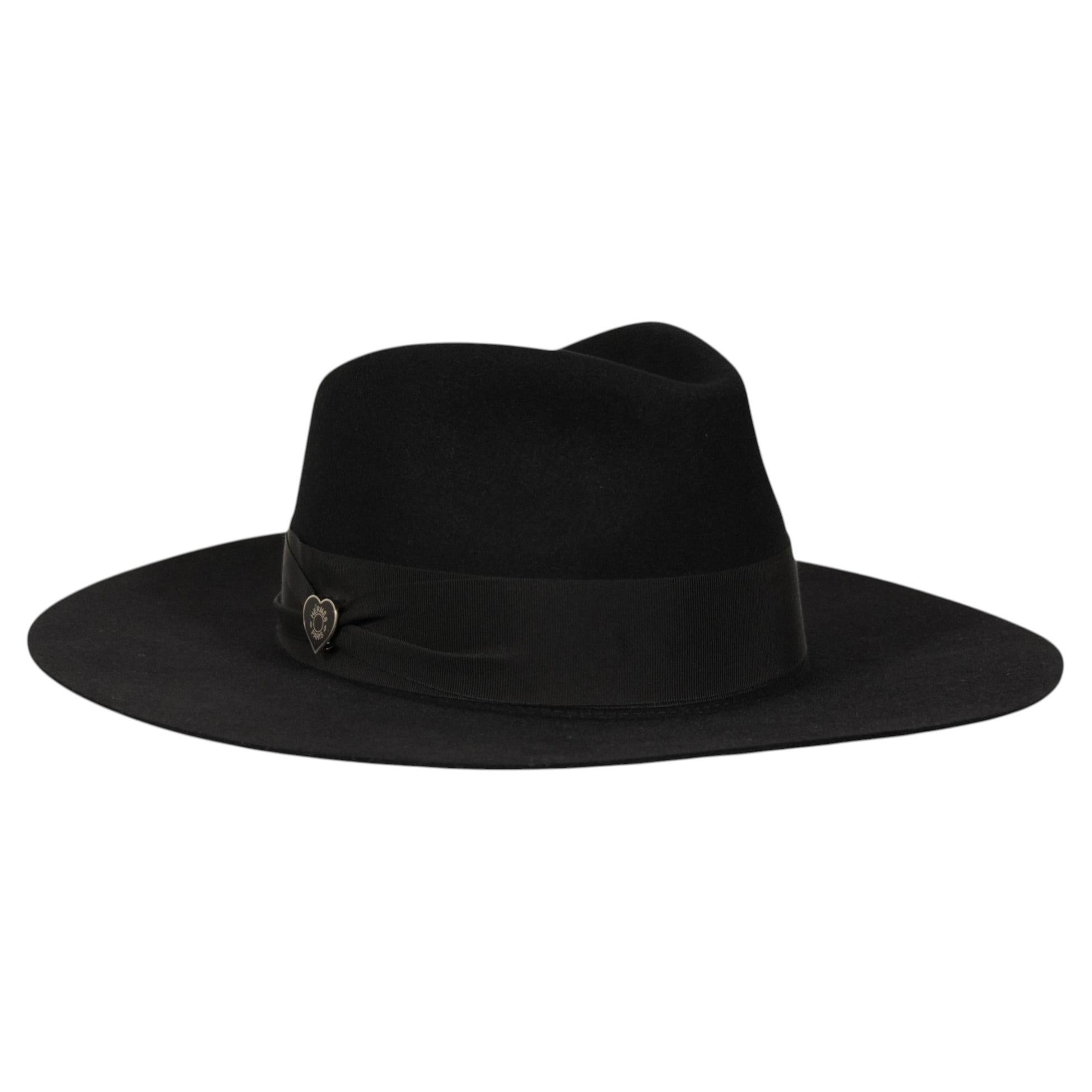 Cappello Hermes Faubourg Love, fedora nero, taglia 57, feltro di coniglio, Cou de Coueur