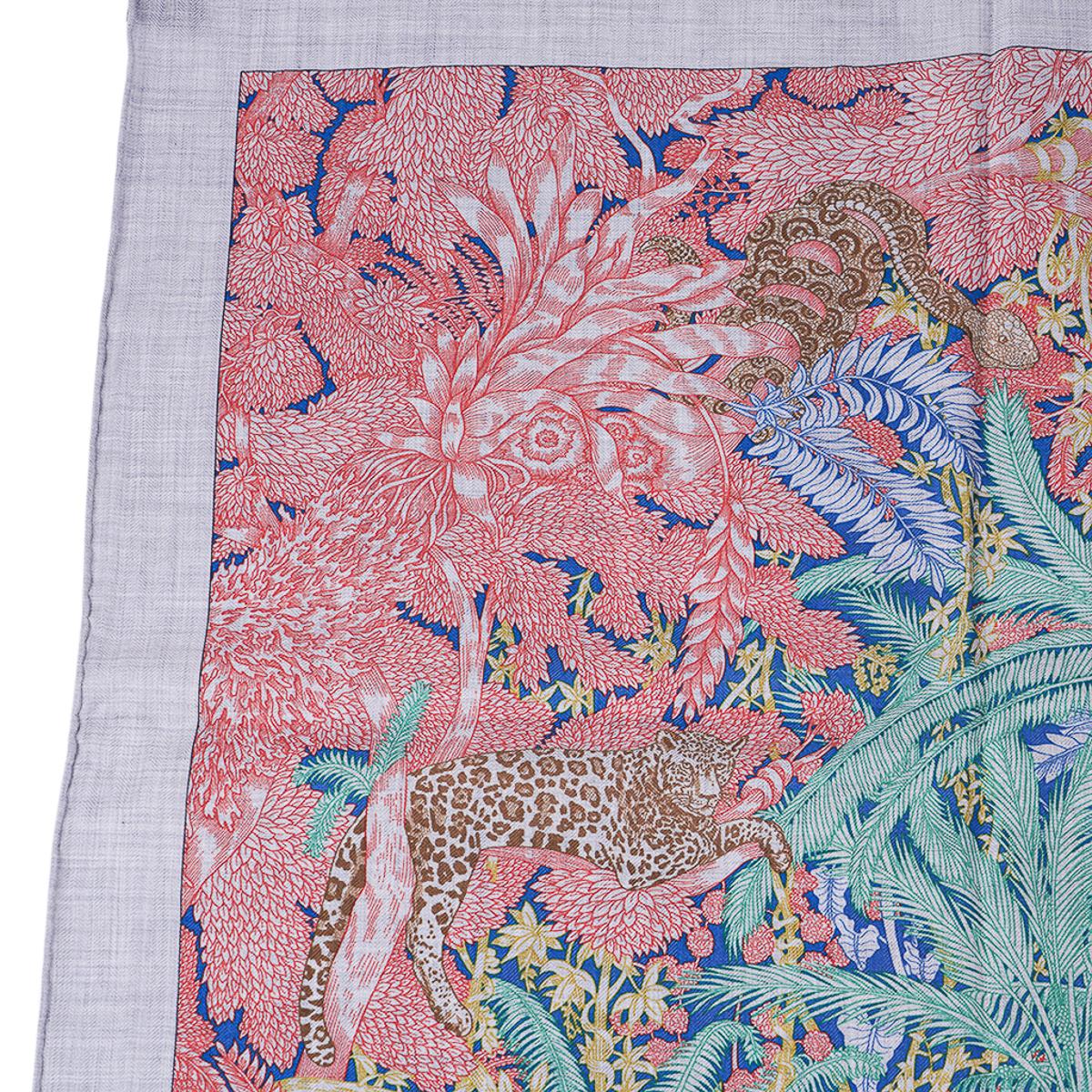 Hermes Faubourg Tropical Shawl Gris Chine / Rose / Vert Cashmere Silk Scarf 140 For Sale 7