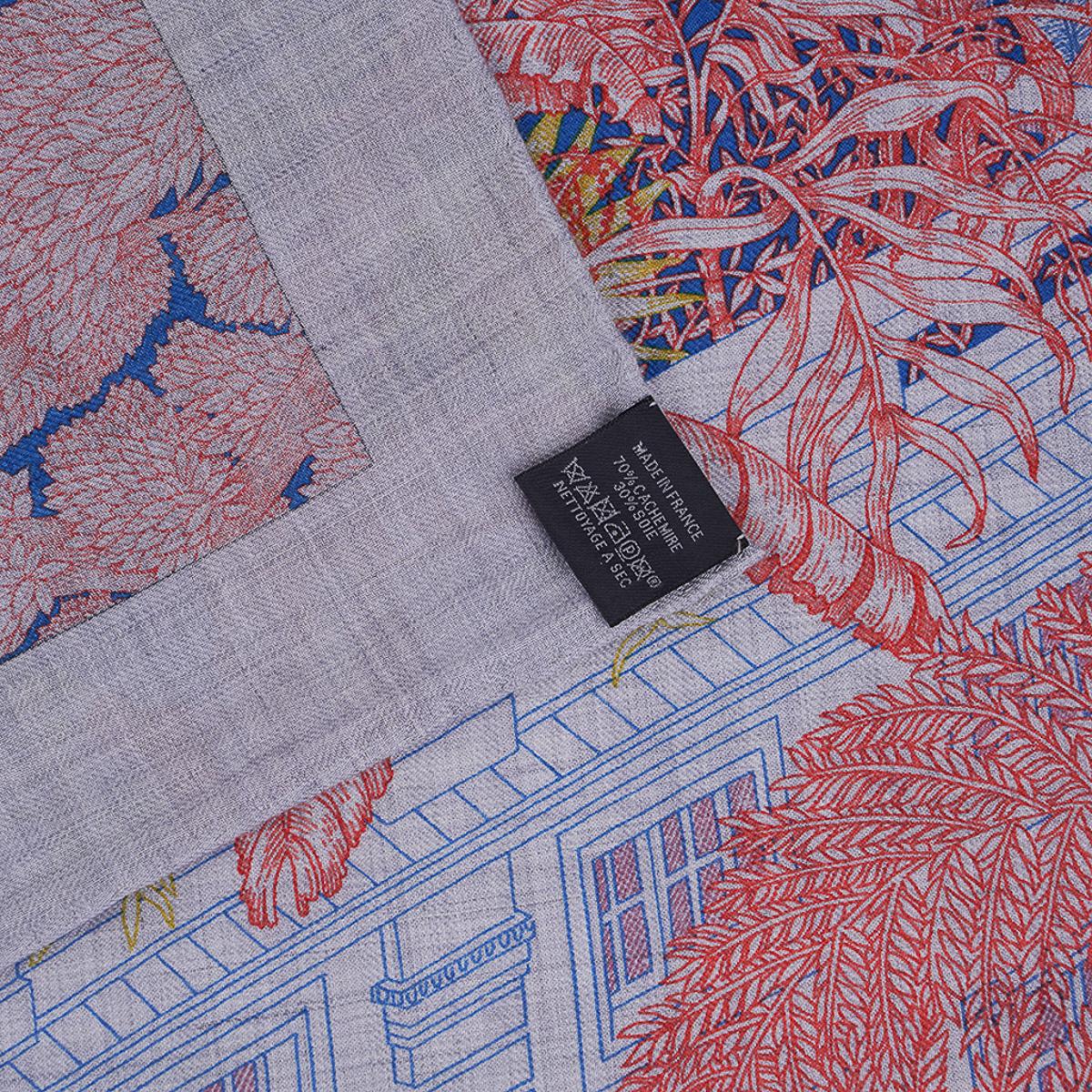 Tropischer Schal von Hermès Faubourg Gris Chine / Rose / Vert aus Kaschmir und Seide 140 im Angebot 8