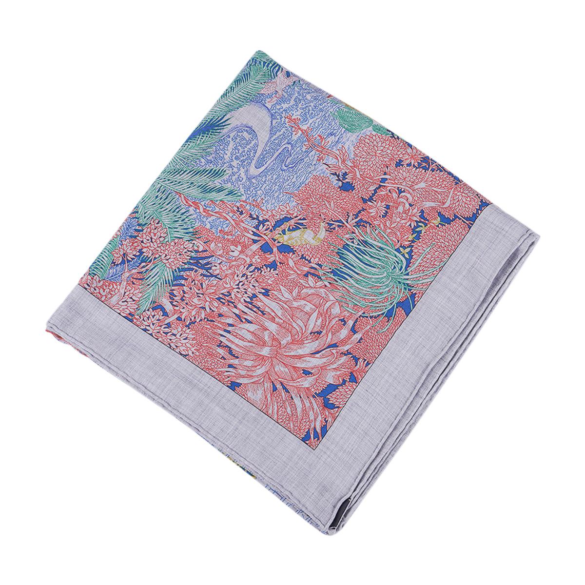 Women's Hermes Faubourg Tropical Shawl Gris Chine / Rose / Vert Cashmere Silk Scarf 140 For Sale
