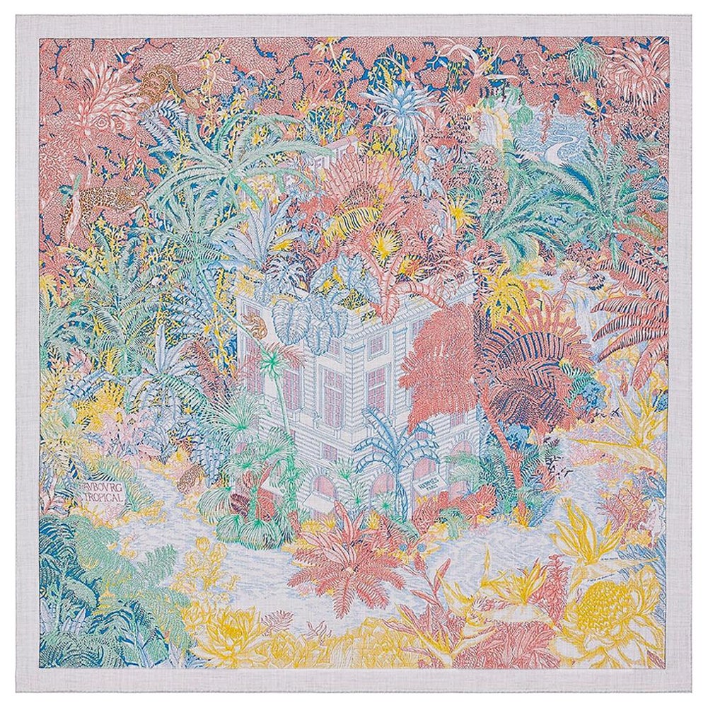 Hermes Faubourg Tropical Shawl Gris Chine / Rose / Vert Cashmere Silk Scarf 140