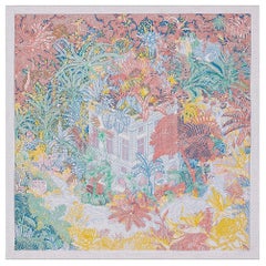 Hermes Faubourg Tropical Shawl Gris Chine / Rose / Vert Cashmere Silk Scarf 140