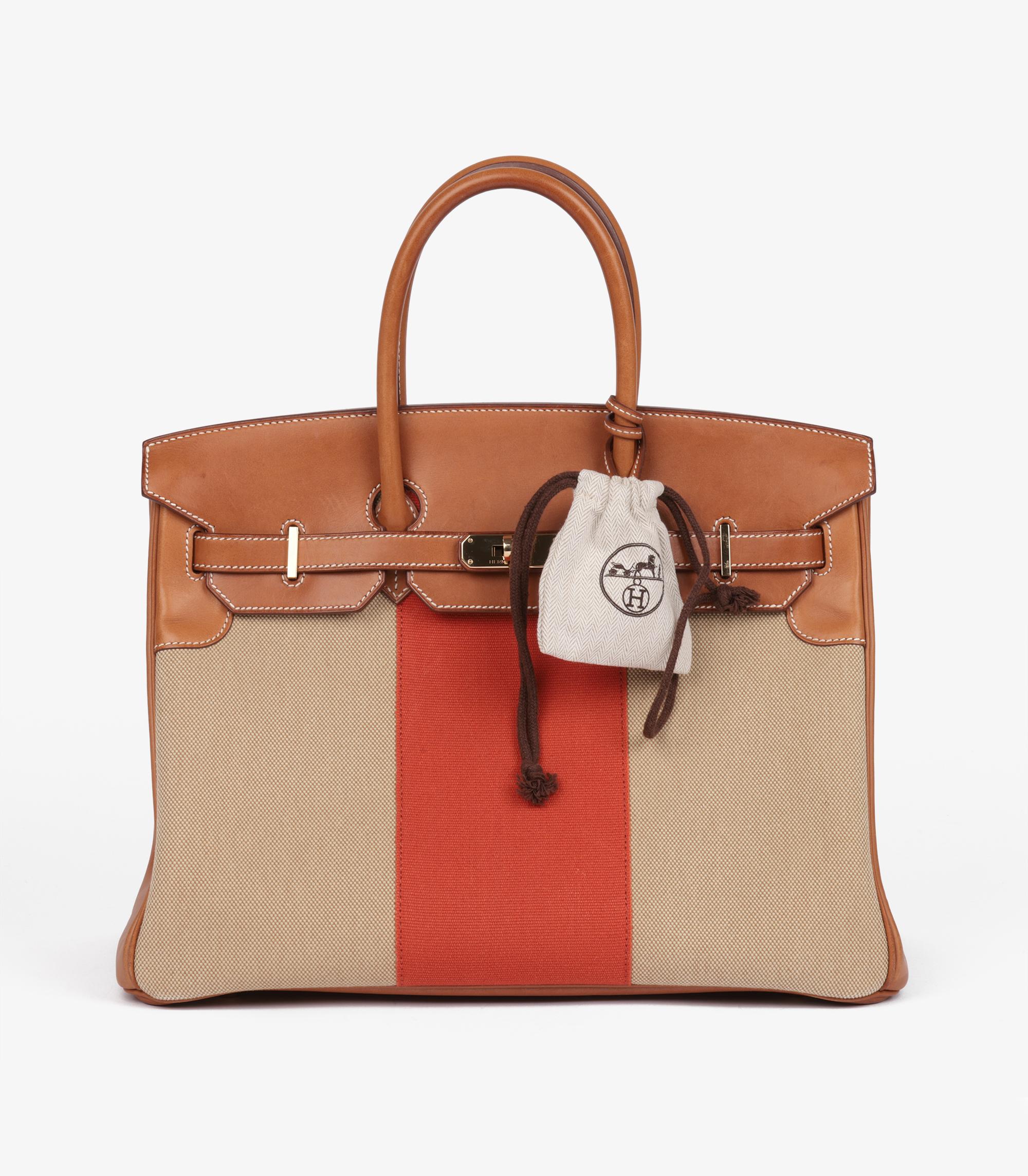 Hermès Fauve Barenia Leather, Natural & Orange Toile Flag Birkin 35cm en vente 7