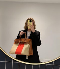 Hermès Fauve Barenia Leder, Natur & Orange Toile Segeltuch Flagge Birkin 35cm