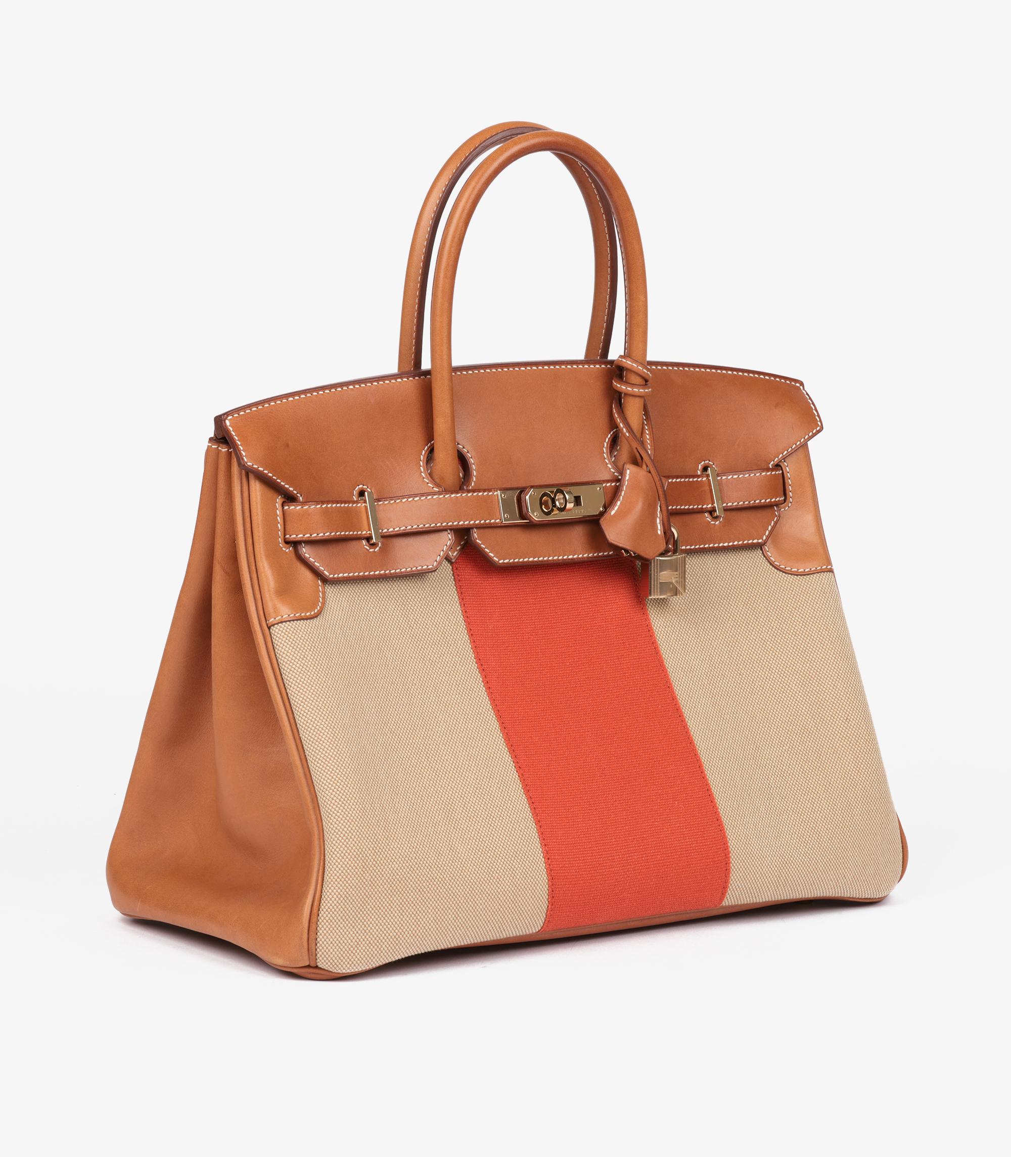 Hermès Fauve Barenia Leather, Natural & Orange Toile Flag Birkin 35cm Excellent état - En vente à Bishop's Stortford, Hertfordshire