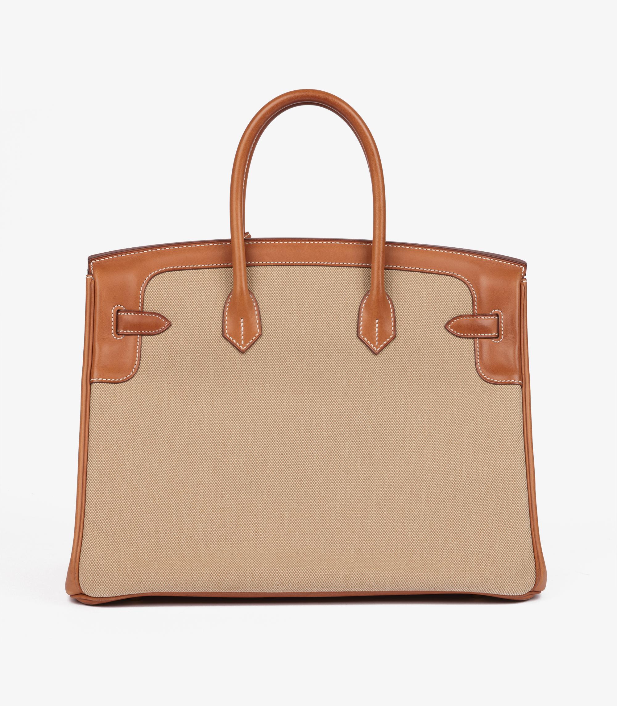 Hermès Fauve Barenia Leather, Natural & Orange Toile Flag Birkin 35cm en vente 1