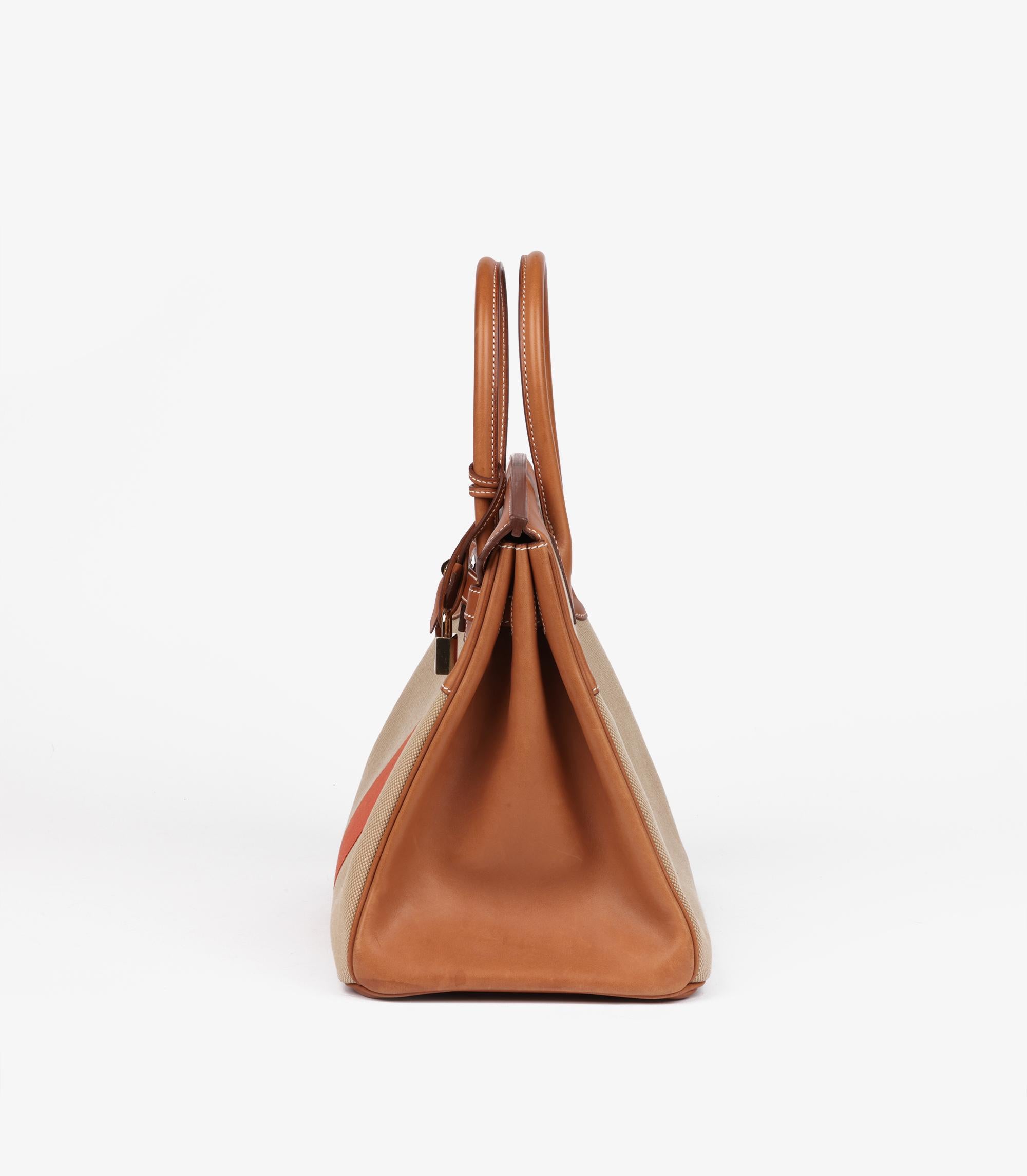 Hermès Fauve Barenia Leather, Natural & Orange Toile Flag Birkin 35cm en vente 2