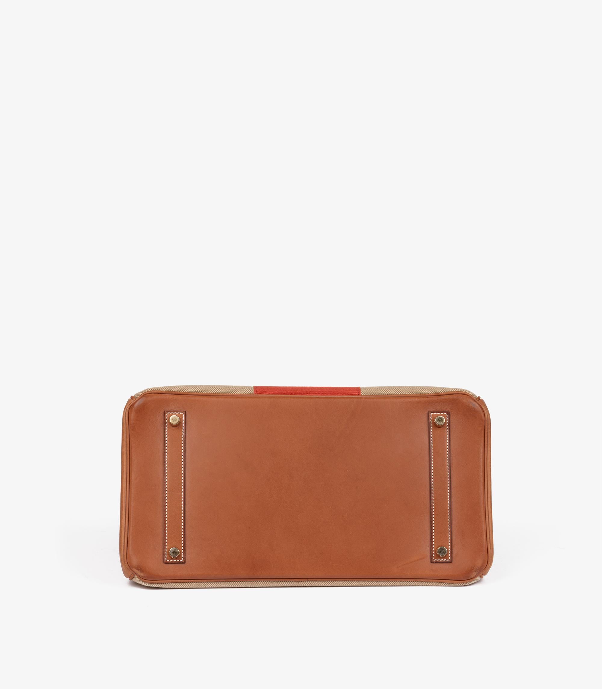 Hermès Fauve Barenia Leather, Natural & Orange Toile Flag Birkin 35cm en vente 3