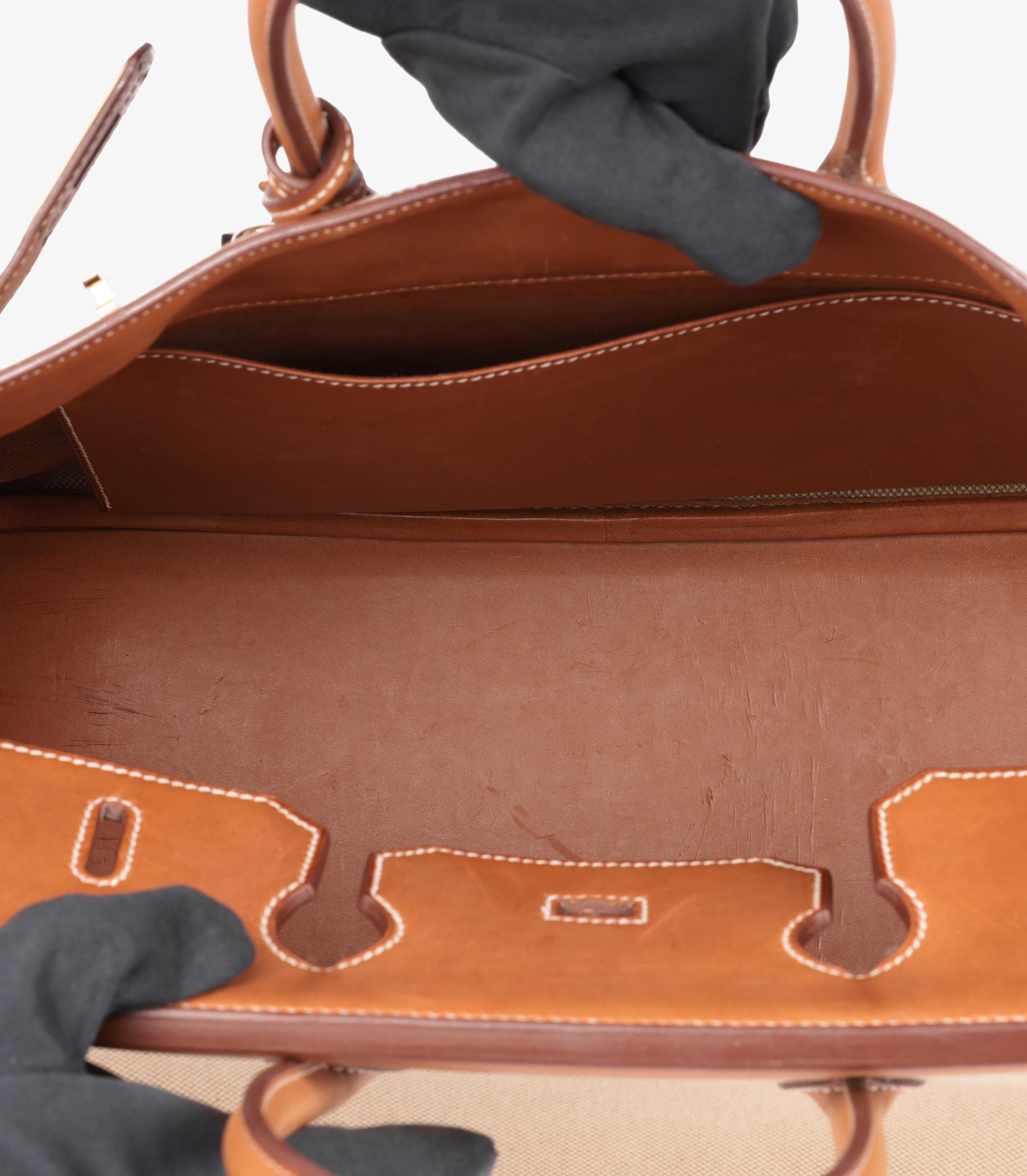 Hermès Fauve Barenia Leather, Natural & Orange Toile Flag Birkin 35cm en vente 4