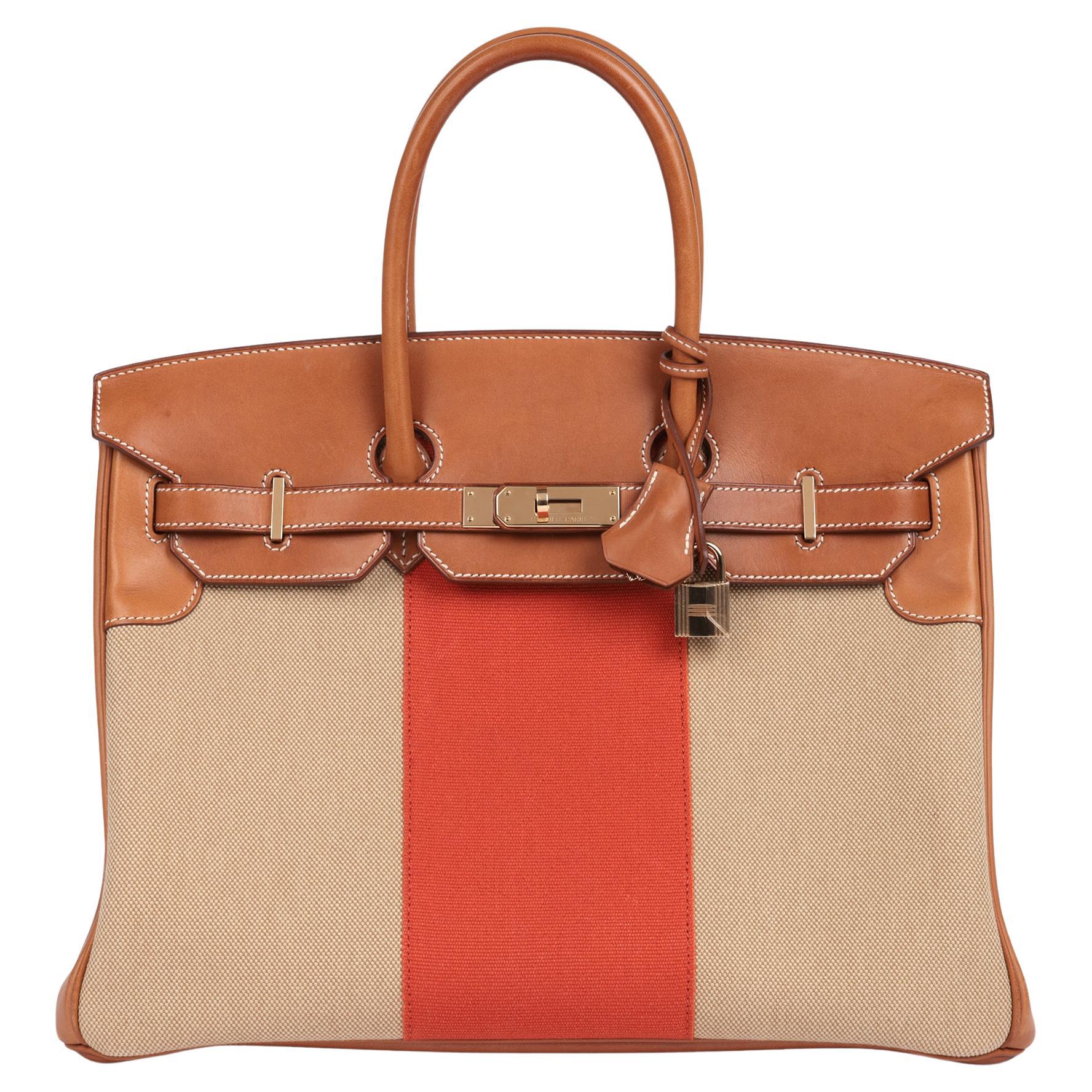 Hermès Fauve Barenia Leather, Natural & Orange Toile Canvas Flag Birkin 35cm