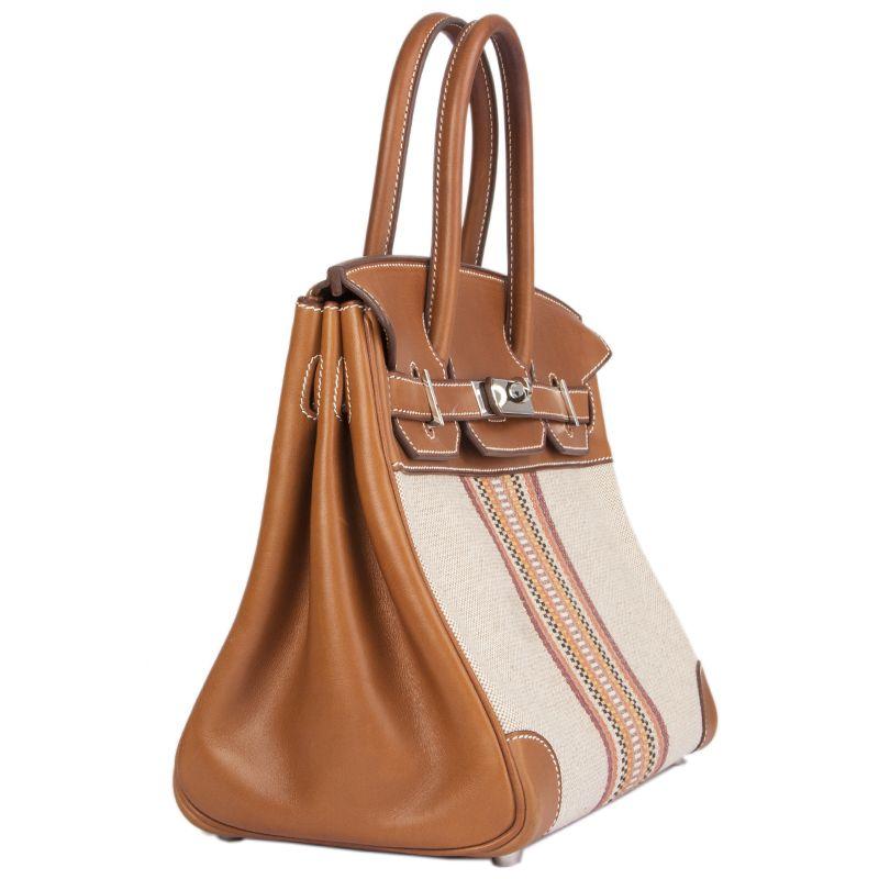Hermès 'Toile H Ganges Birkin 30' bag in fauve Barenia and off-white, orange, yellow, bordeaux, beige and black toile H. Lined in chevre (goat skin) with an open pocket against the front and a zipper pocket against the back. Has been carried and is