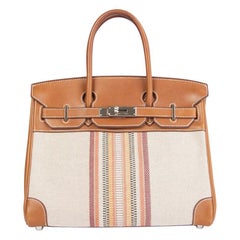 HERMES Fauve Barenia leather Toile H GANGES BIRKIN 30 Tote Bag