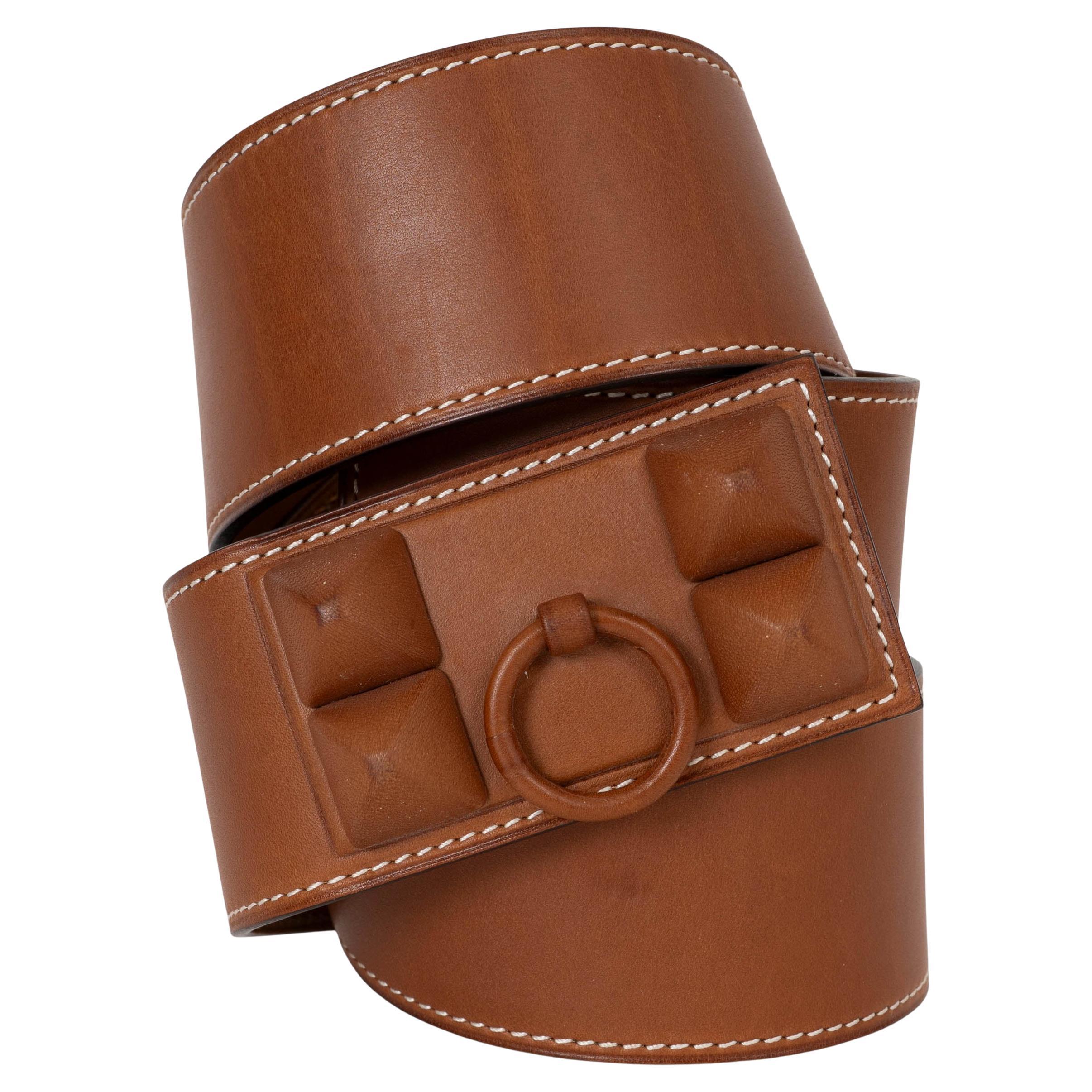 HERMES Fauve brown Barenia leather COLLIER DE CHIEN 50 SHAWOD Belt 90