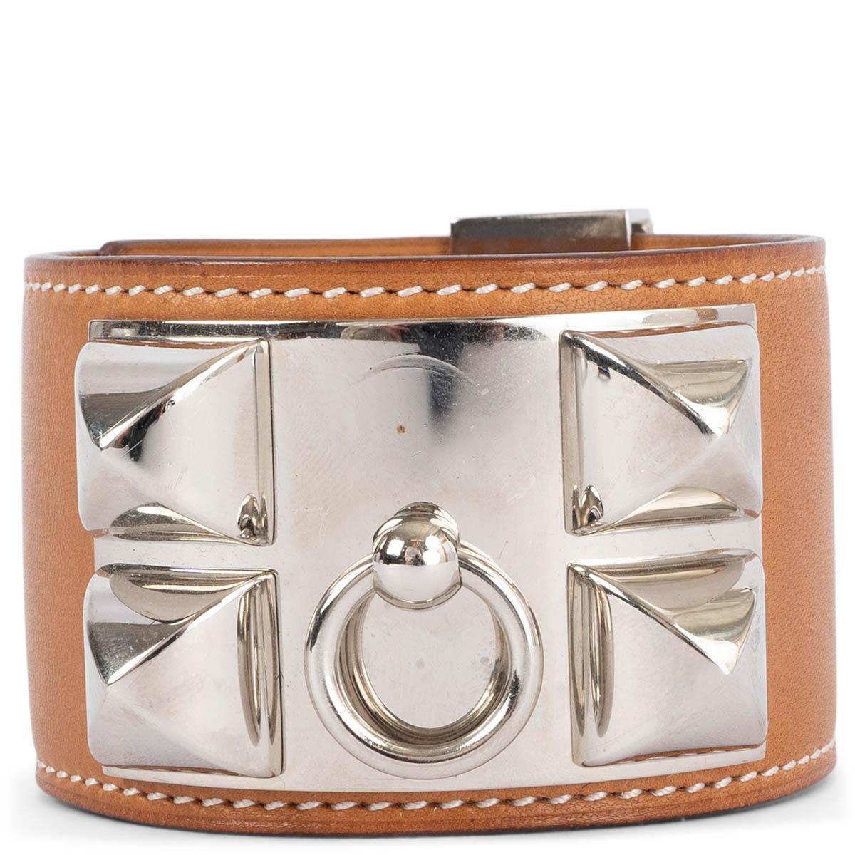 Women's HERMES Fauve brown Barenia leather COLLIER DE CHIEN Cuff Bracelet S