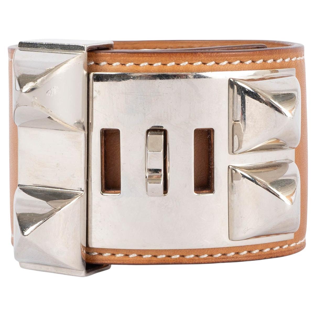 HERMES Fauve brown Barenia leather COLLIER DE CHIEN Cuff Bracelet S