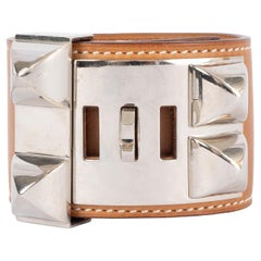 HERMES Fauve brown Barenia leather COLLIER DE CHIEN Cuff Bracelet S