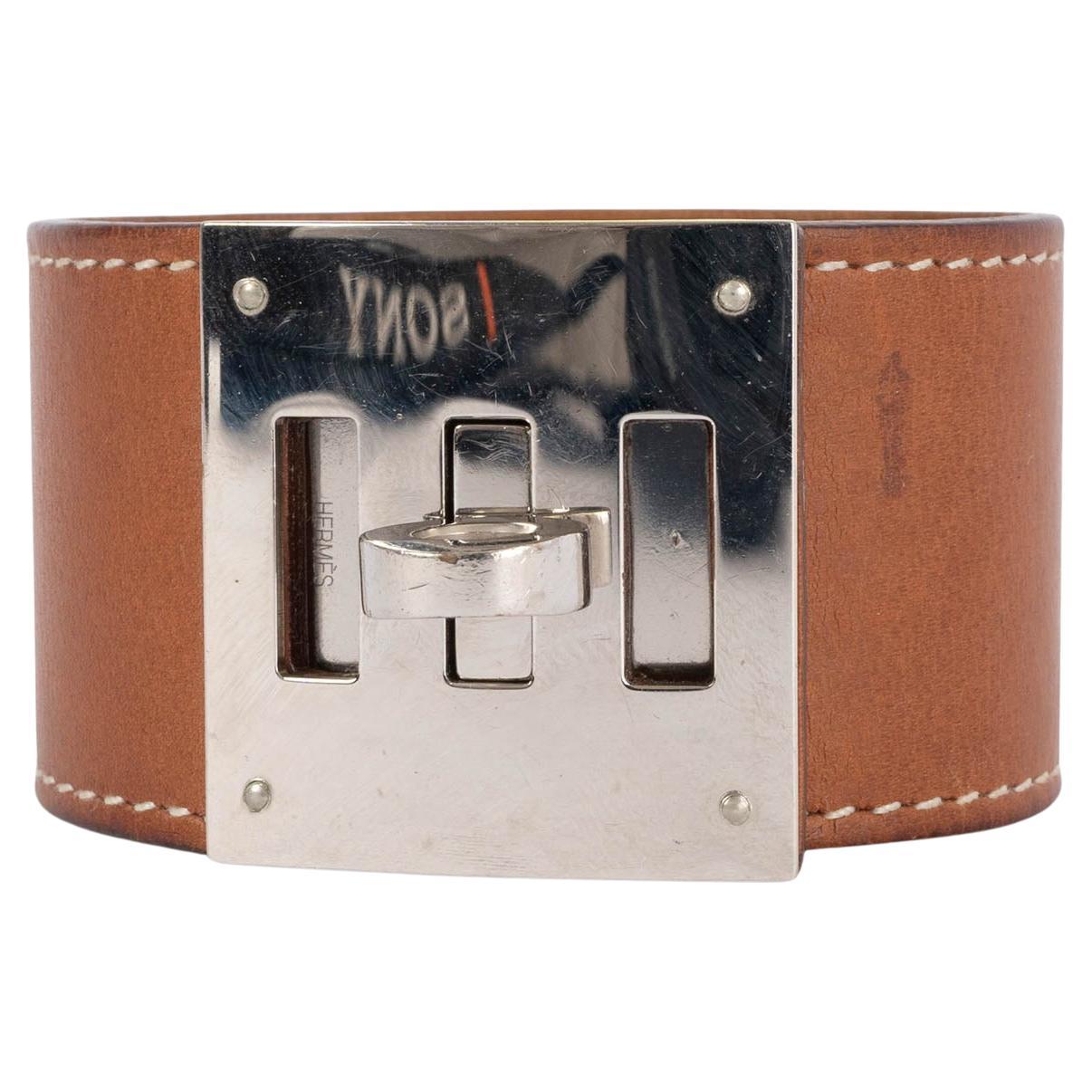 HERMES Fauve brown Barenia leather KELLY DOG Cuff Bracelet S For Sale