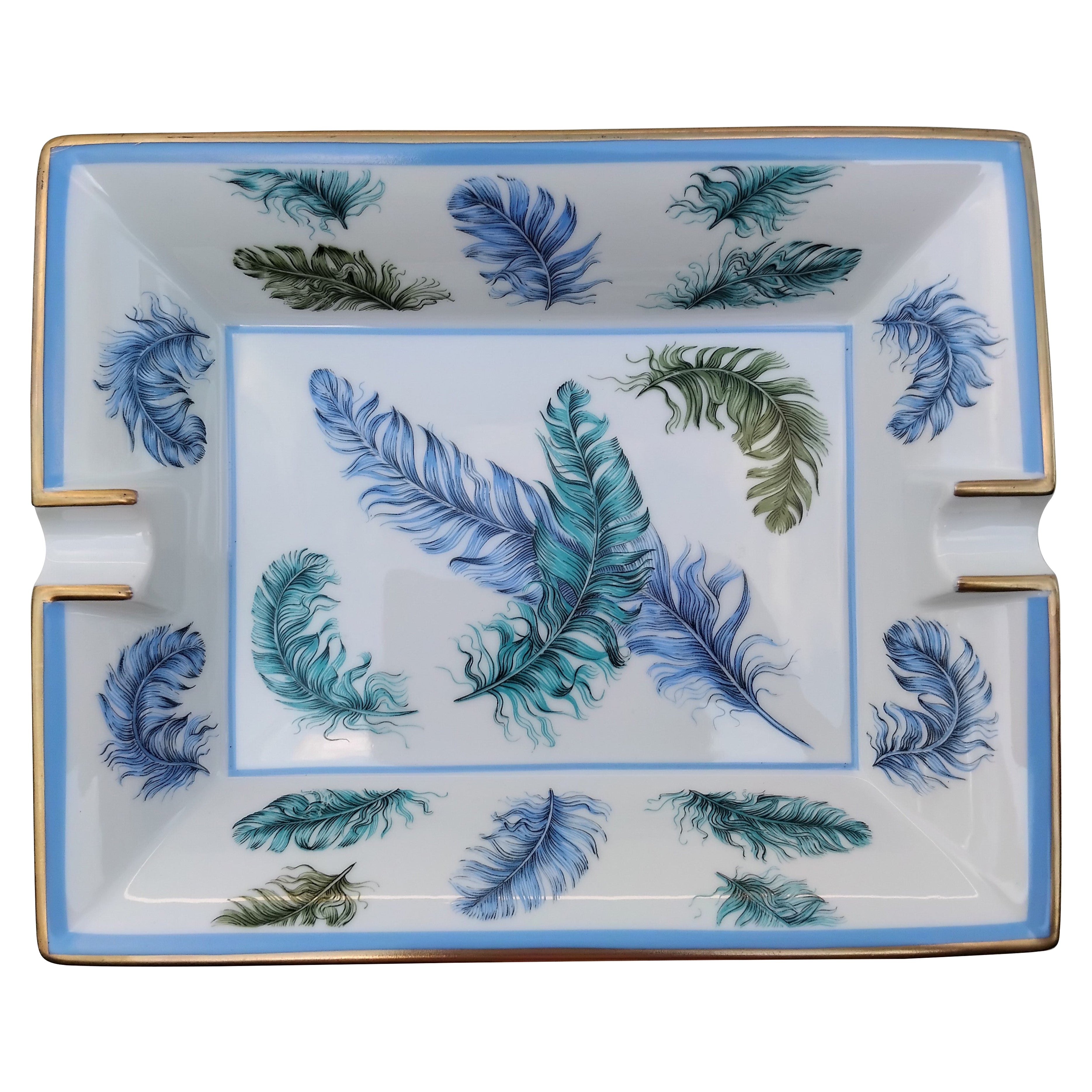 Hermès Federn Aschenbecher Wechseltablett Porzellan Gold im Angebot