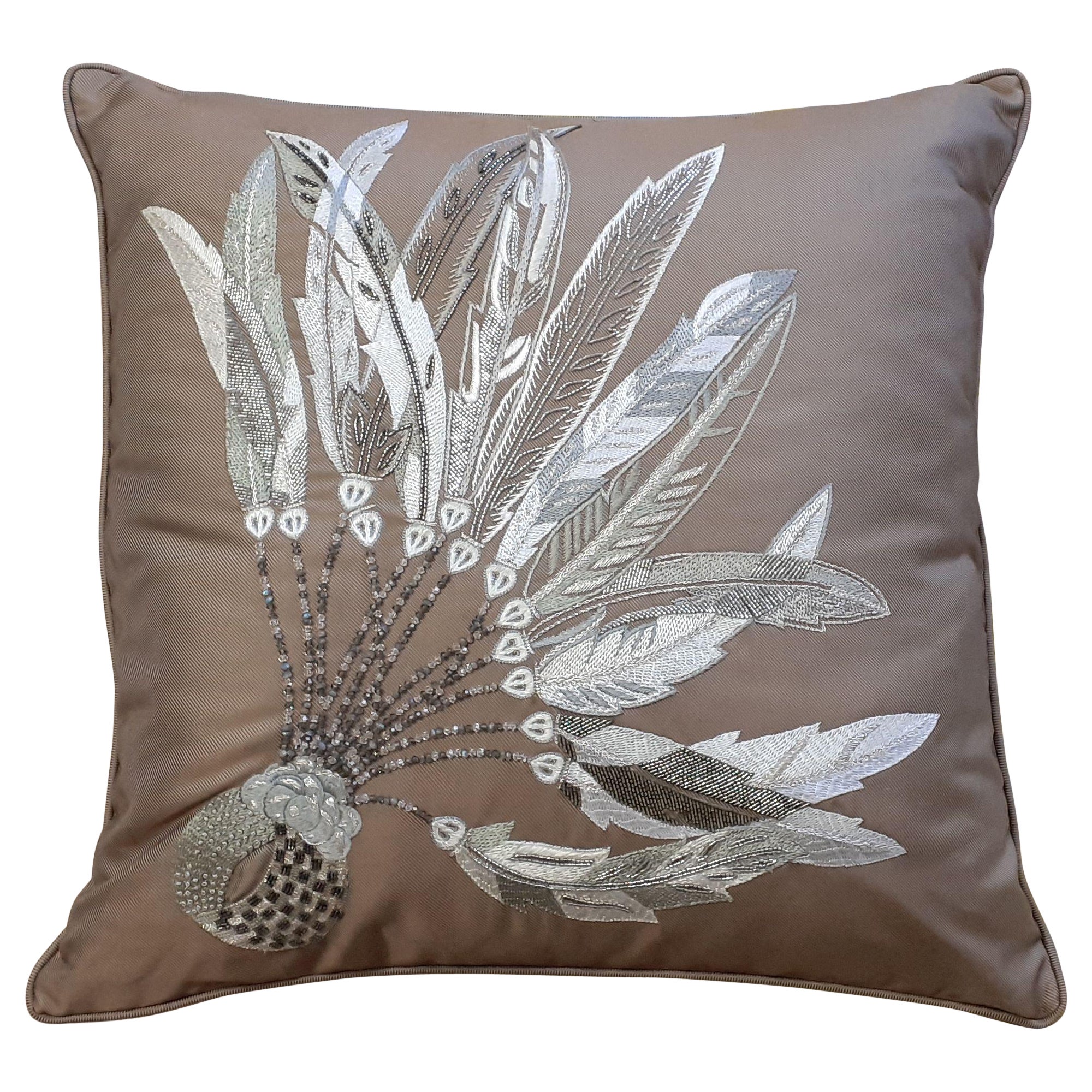 Hermès Feathers Cushion Pillow Brazil Silk Cotton Embroidered