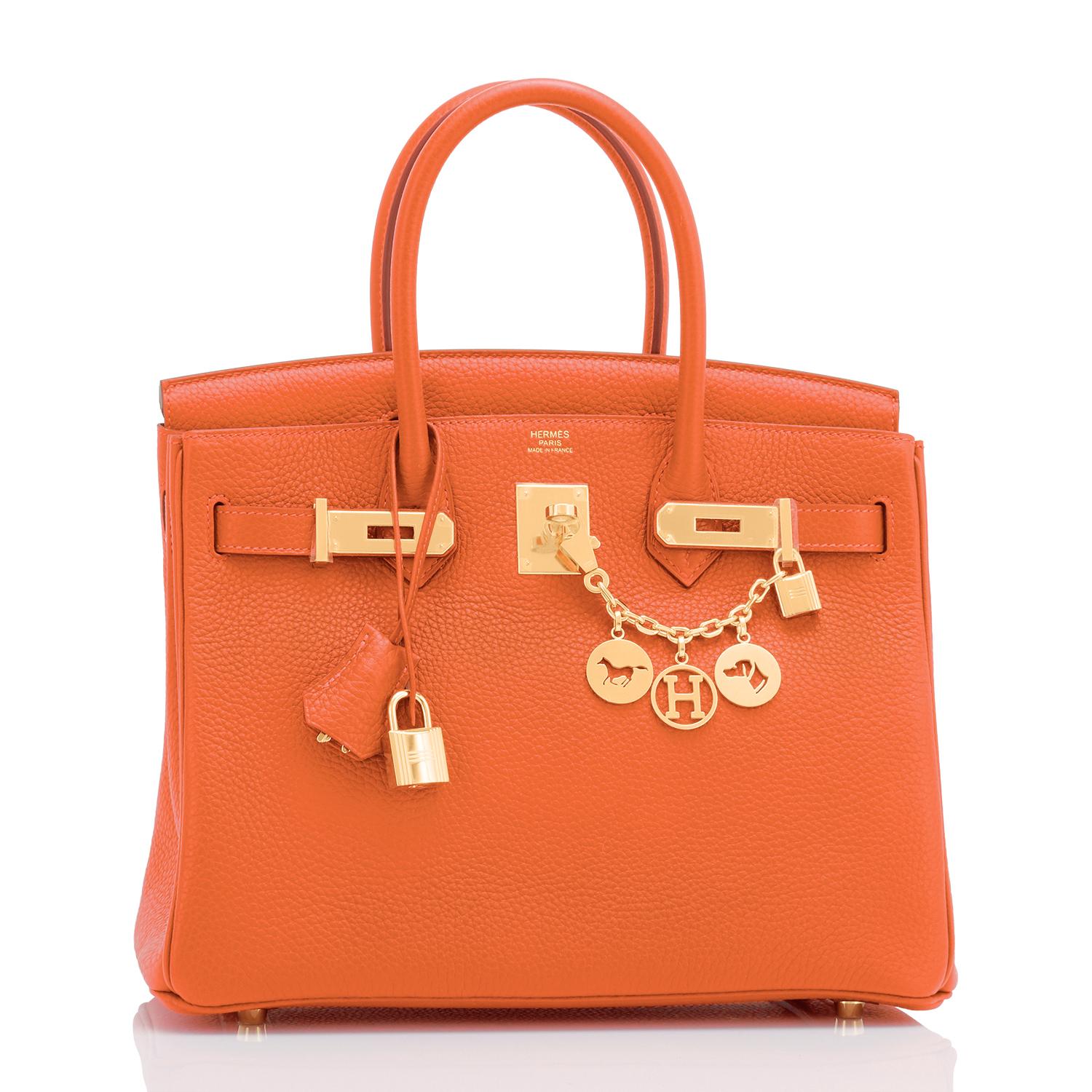 Hermes Feu Orange 30cm Birkin Gold Hardware Y Stamp, 2020
Brand New in Box. Store fresh. Pristine condition (with plastic on hardware).
Just purchased from Hermes store. Bag bears new interior 2020 Y stamp.
Perfect gift! Comes with keys, lock,