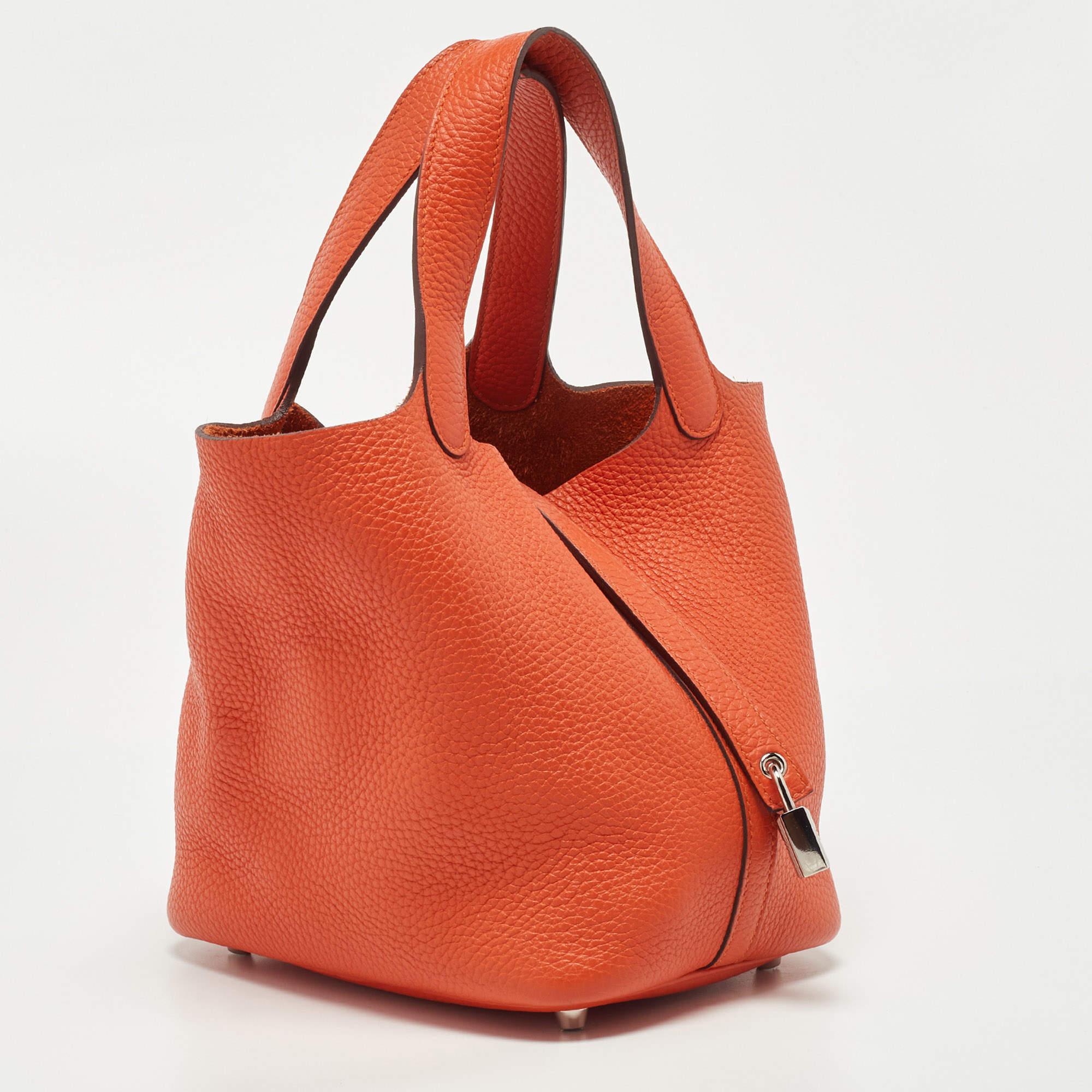 Orange Hermes Feu Taurillion Clemence Leather Picotin Lock 18 Bag