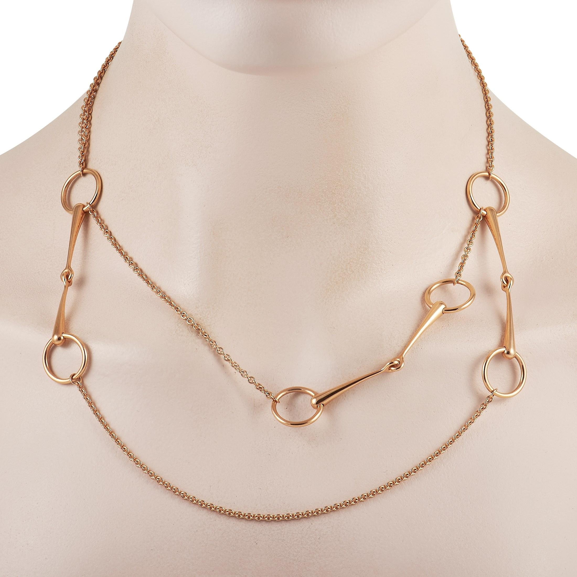 Delicate horsebit motifs add signature elegance to this Hermes Filet d’Or necklace. Inspired by equestrian elements, the 18K Rose Gold chain measures 36” long and comes complete with toggle closure. 