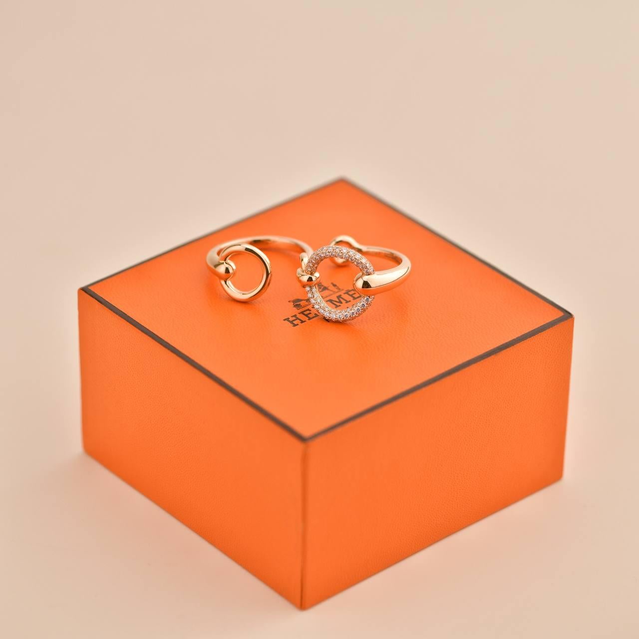 Non taillé Hermès Filet d'Or Double Diamant Or Rose 18K Bague Grand Modèle Taille 54 en vente