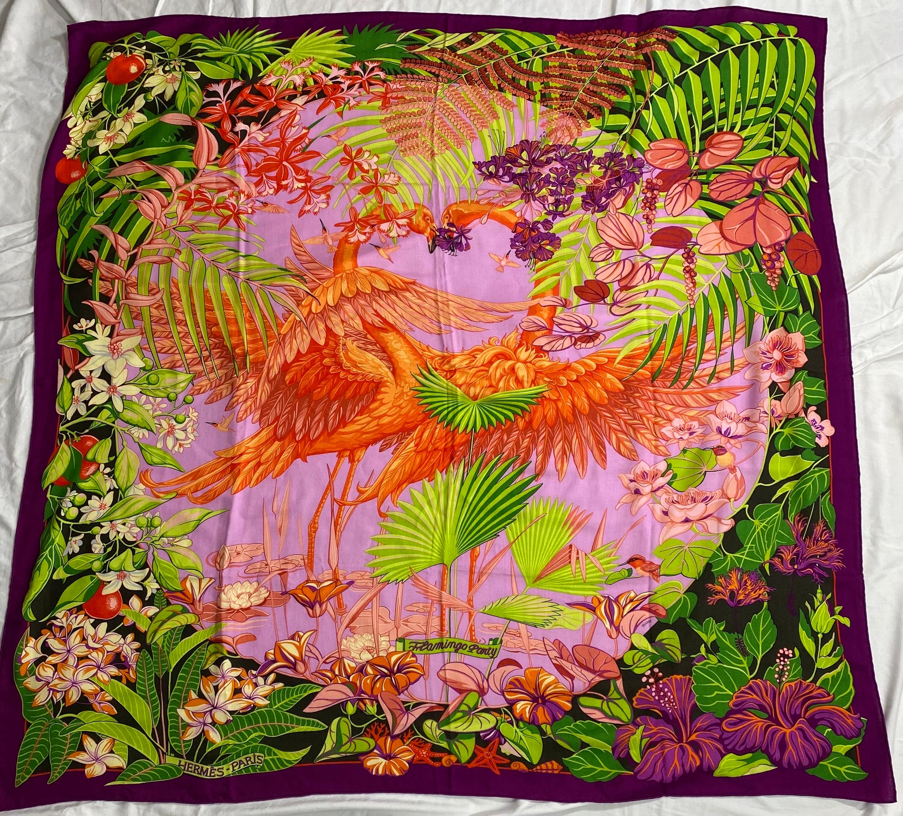 Women's or Men's Hermes “FLAMINGO PARTY” multi color cashmere 140 cm large shawl  For Sale