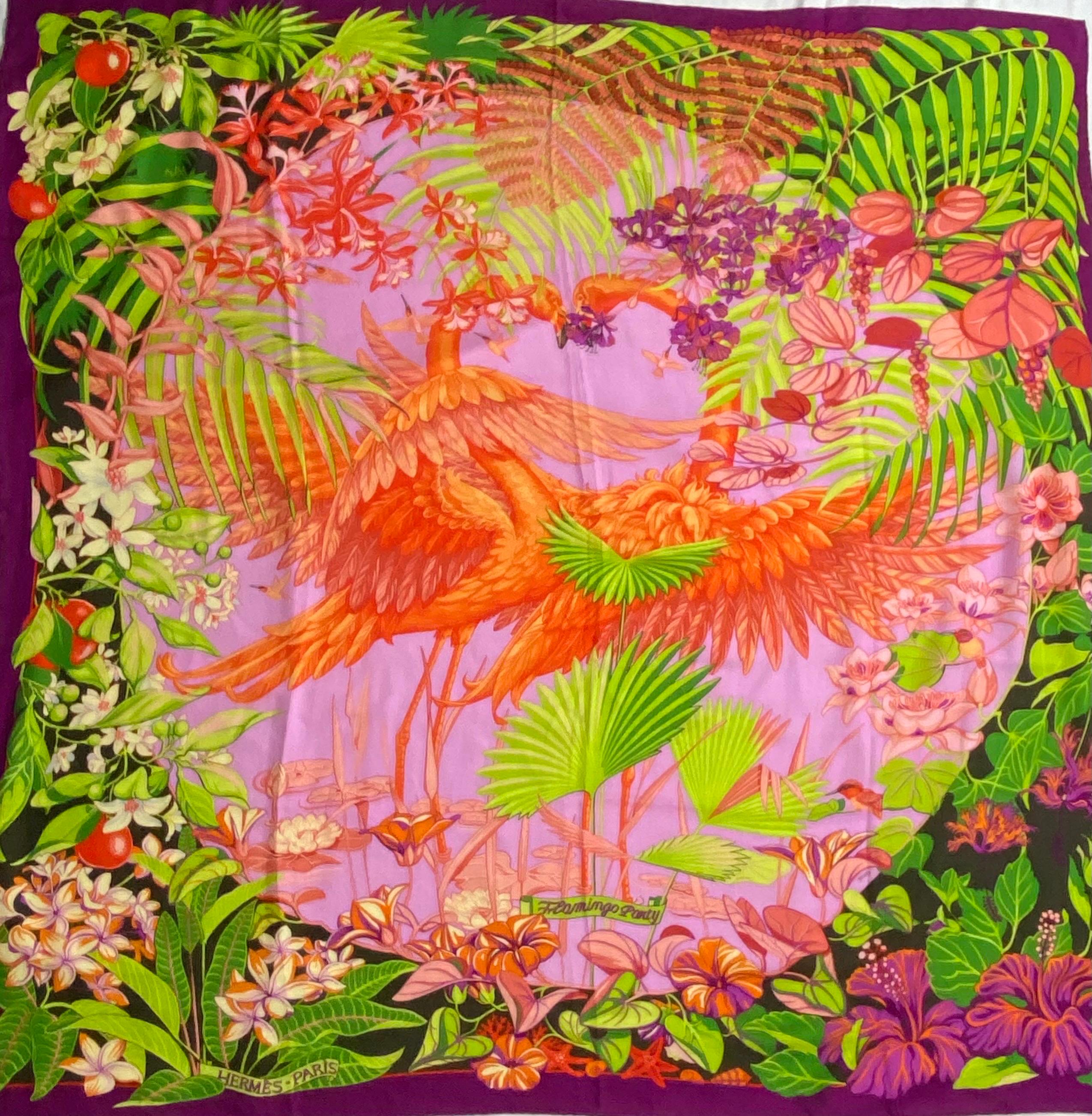 Hermes “FLAMINGO PARTY” multi color cashmere 140 cm large shawl  For Sale 3