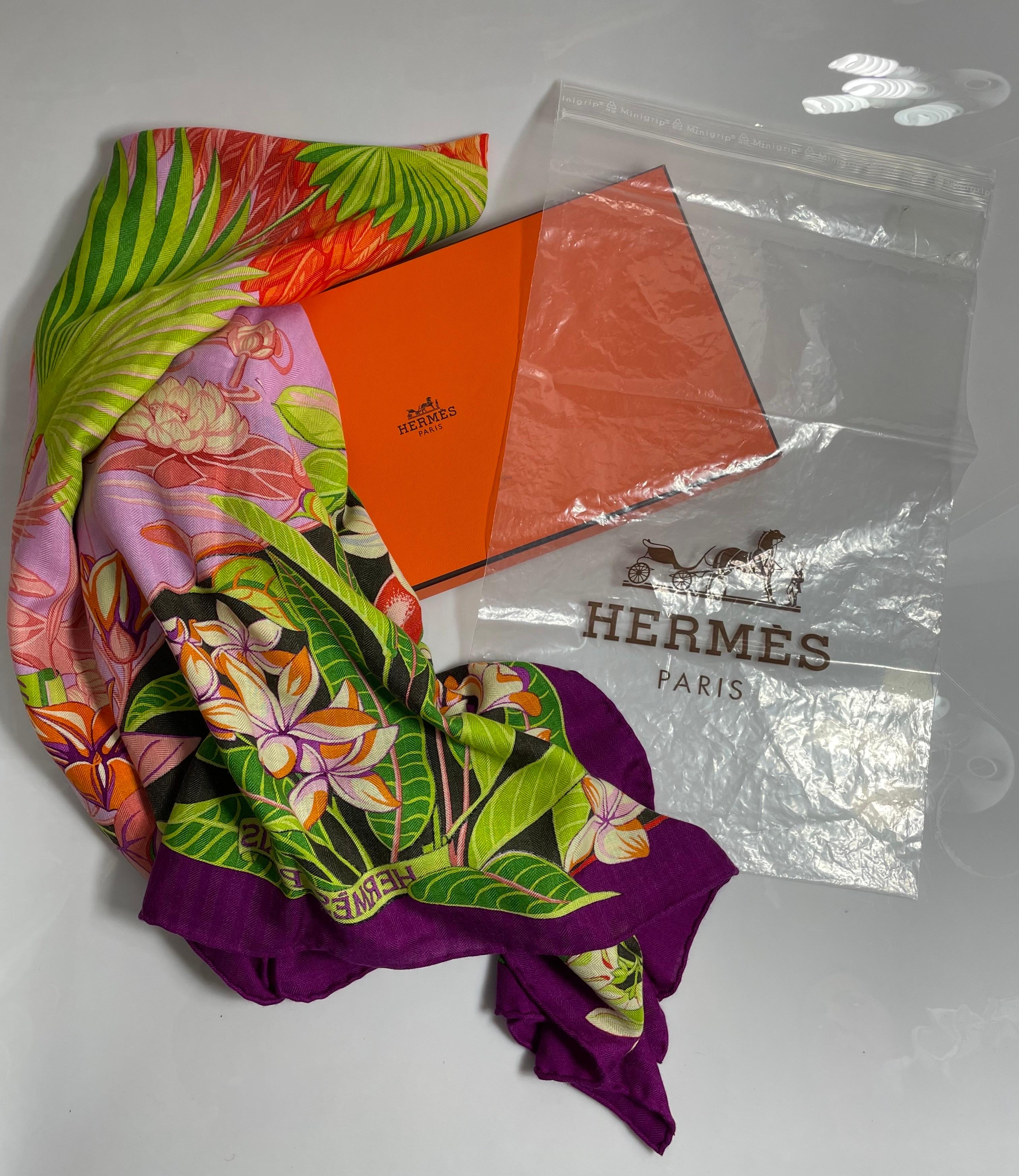 Hermes “FLAMINGO PARTY” multi color cashmere 140 cm large shawl  For Sale 5