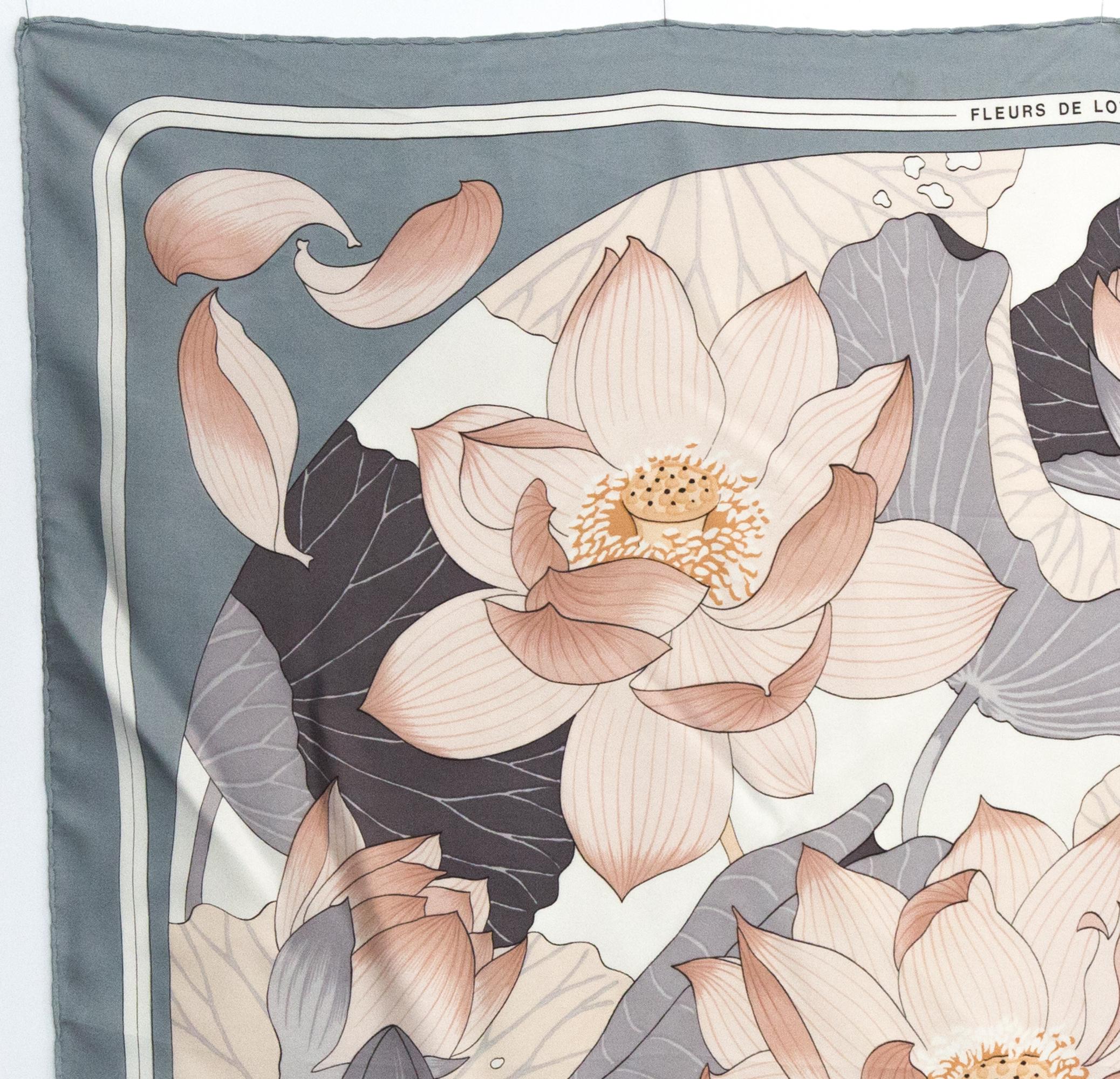 Gray Hermes Fleur De Lotus by C Vauzelles Silk Scarf