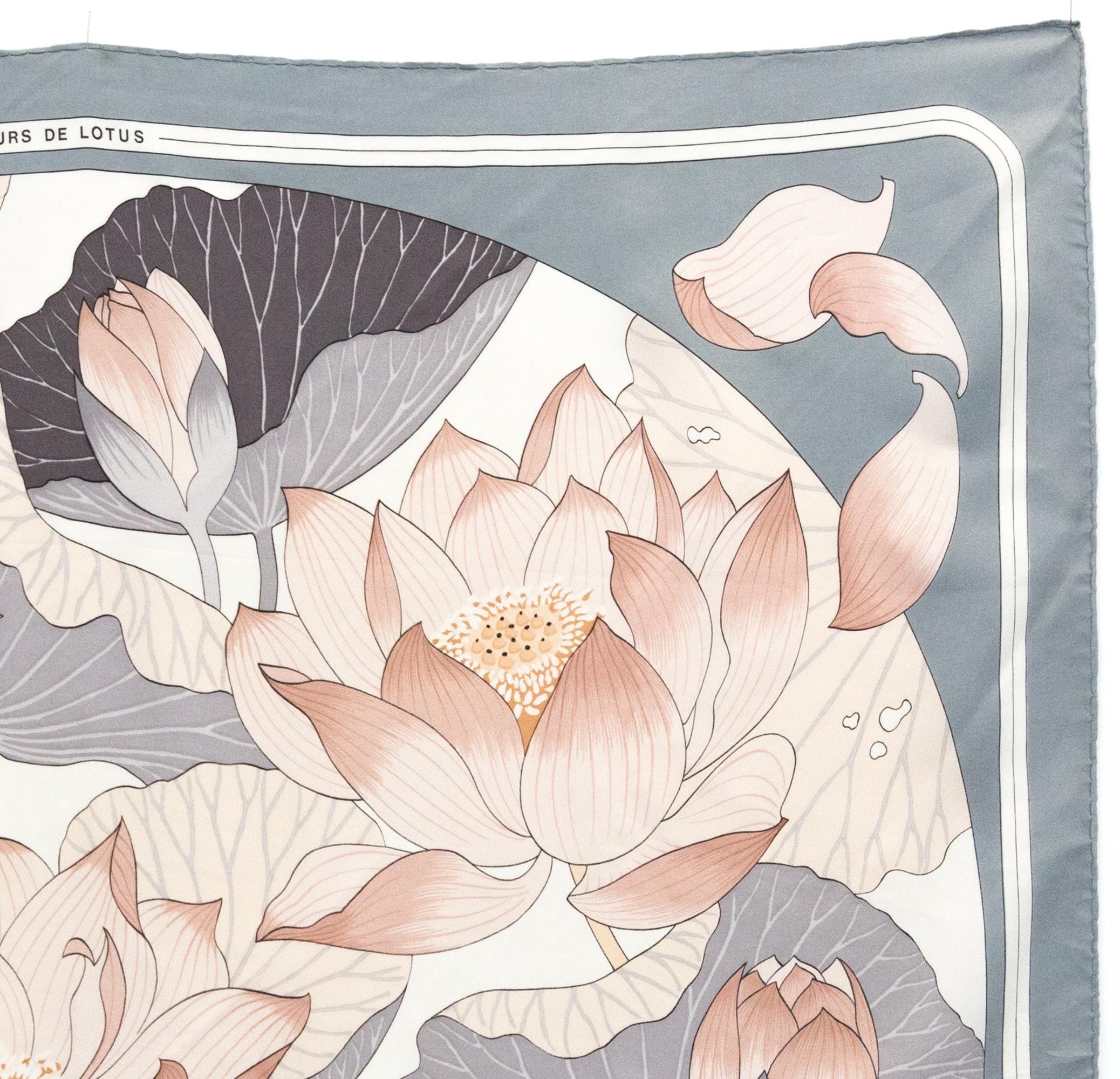 Hermes Fleur De Lotus by C Vauzelles Silk Scarf In Good Condition In Paris, FR