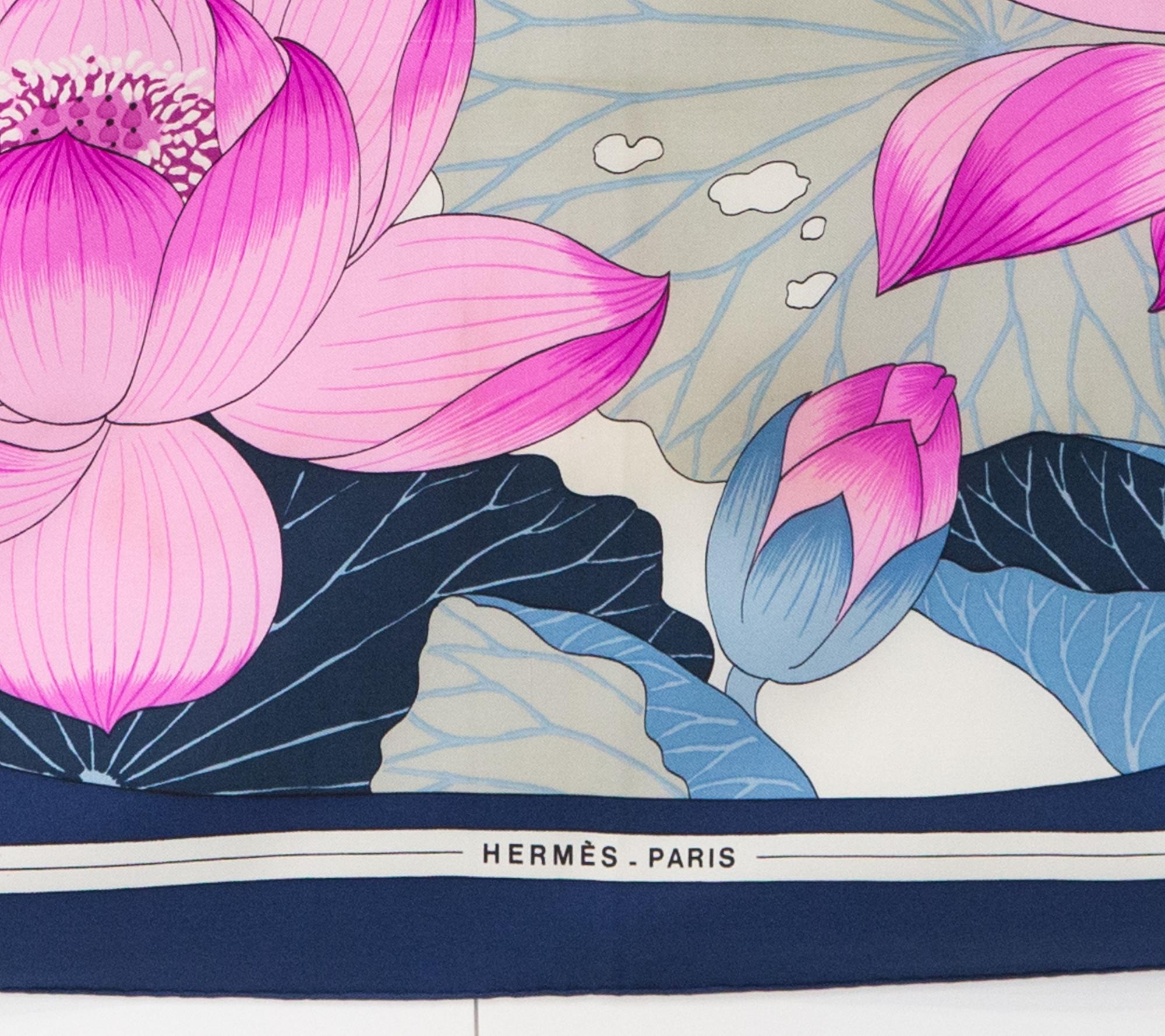 Hermes Fleurs de Lotus by Christiane Vauzelle Silk Scarf 1