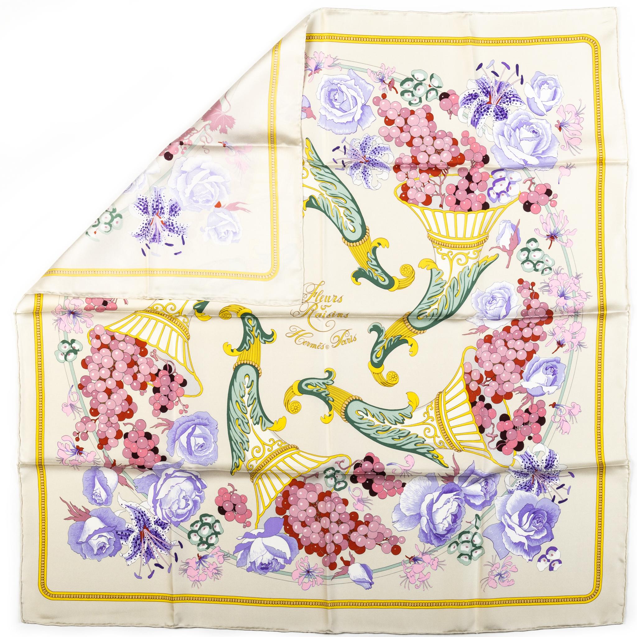 Hermes white floral cornucopia silk scarf. Hand rolled edges. No box included.