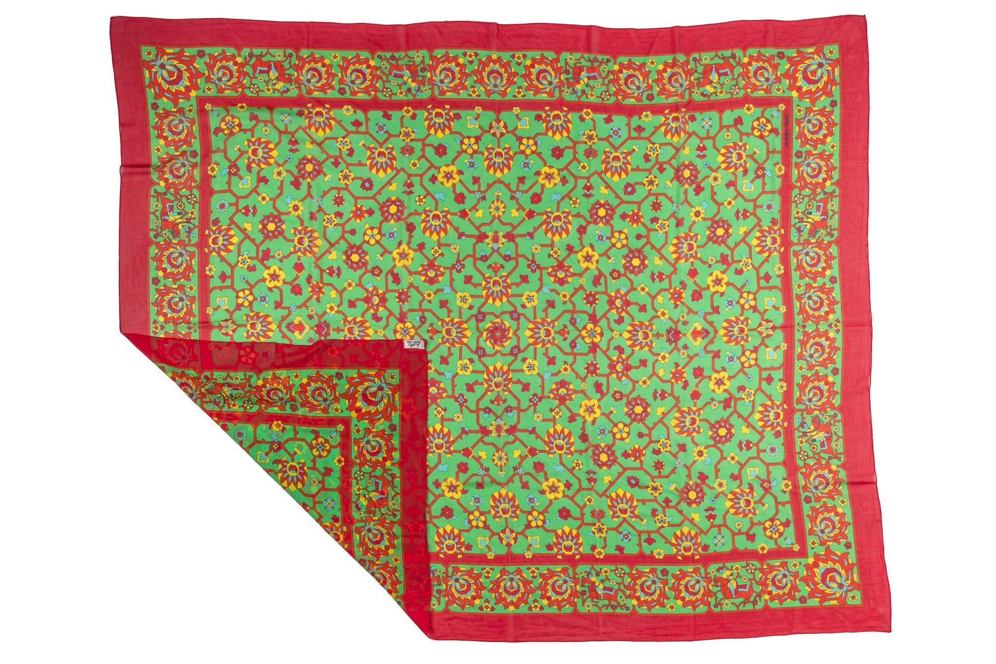 Hermès green and red multi flowers beach cotton sarong. 
One pulled thread, please refer to photo. No box.