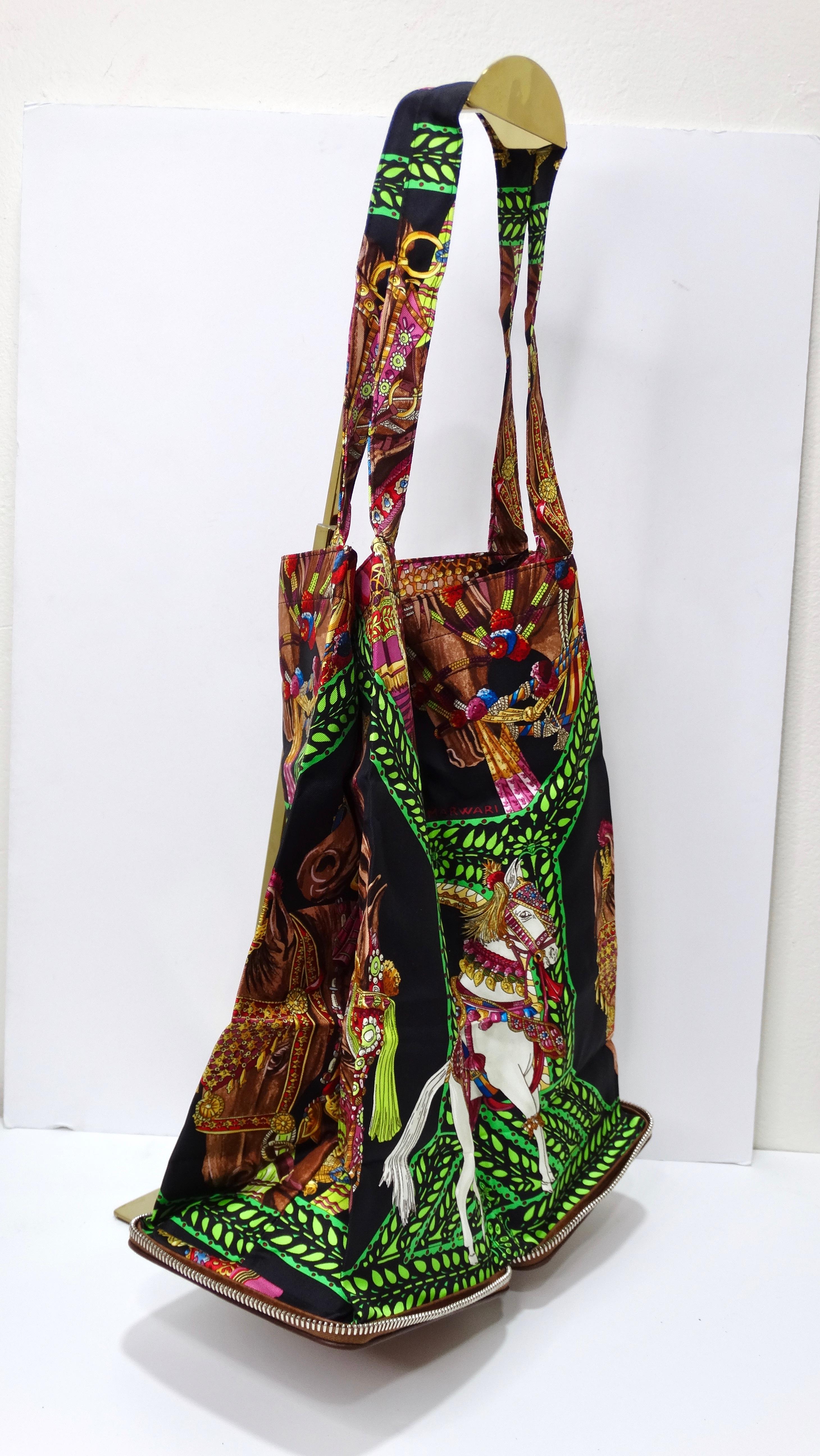 Black HERMES Foldable Silky Pop Bag in Brown Leather and Printed Silk For Sale